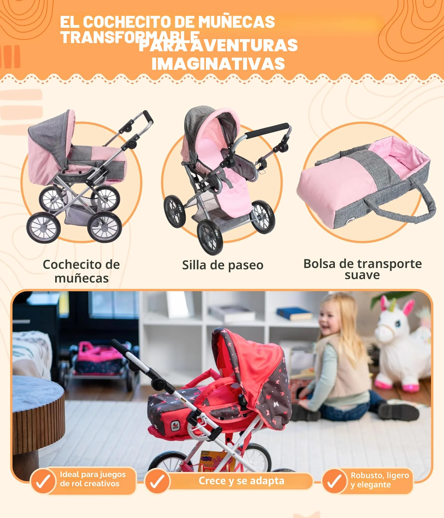 Bayer Chic 2000 Cochecito para muñecas Leni 2 en 1 con Bolsa de Transporte extraíble Gris Vaquero 46 cm