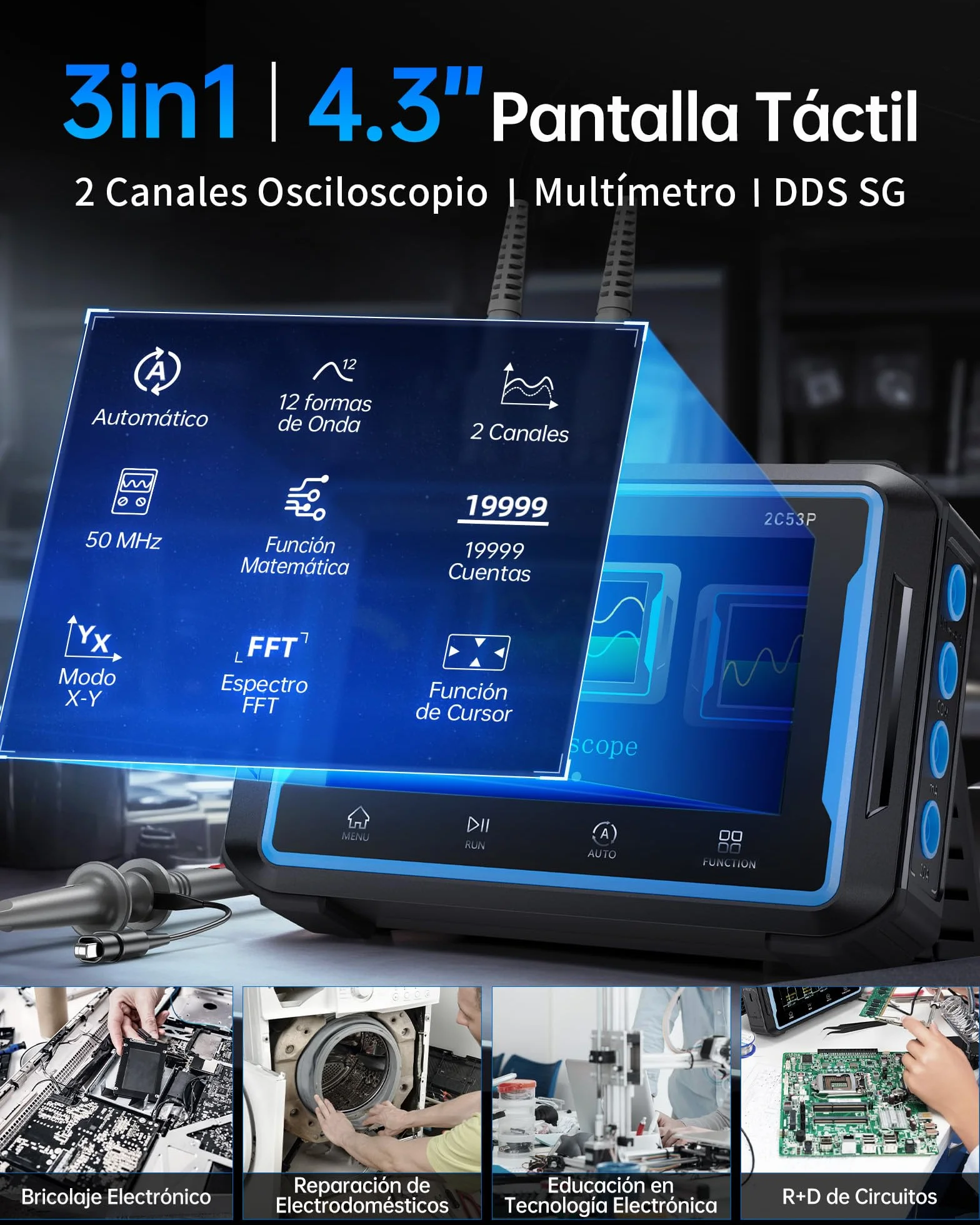 FNIRSI 2C53P Osciloscopio Portátil para Tableta, Multímetro, Generador de Señal DDS 3 en 1, Osciloscopio Automotriz de 2CH*50MHz, 19999 Recuentos, Muestreo de 250 MS/s, Pantalla Táctil de 4,3 Pulgadas