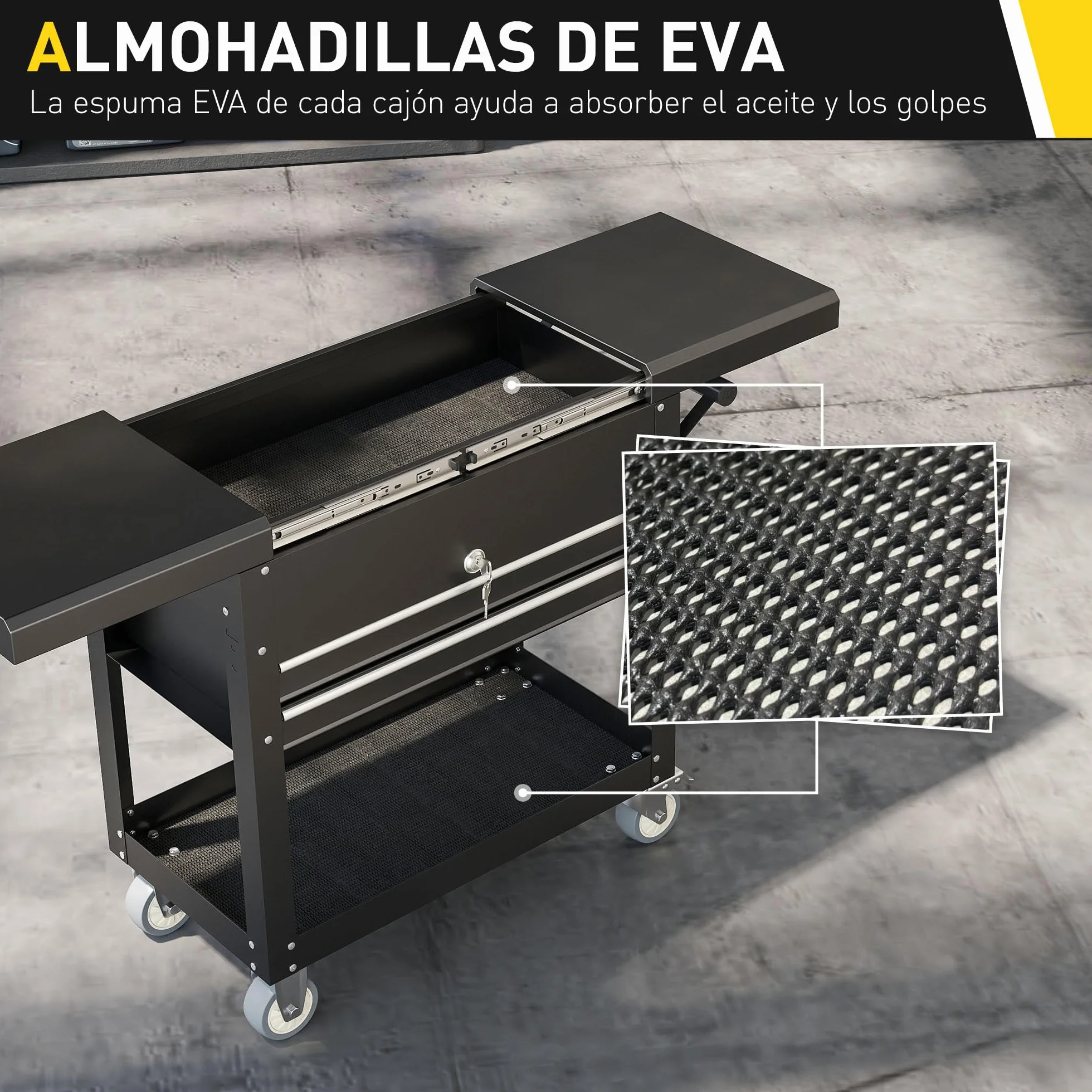 HOMCOM Carro de Herramientas con Ruedas, Carro de Taller Móvil con Tapa Deslizante, 2 Cajones con Cerradura, Bandeja, Caja de Herramientas de Acero, para Taller, Garaje, Negro