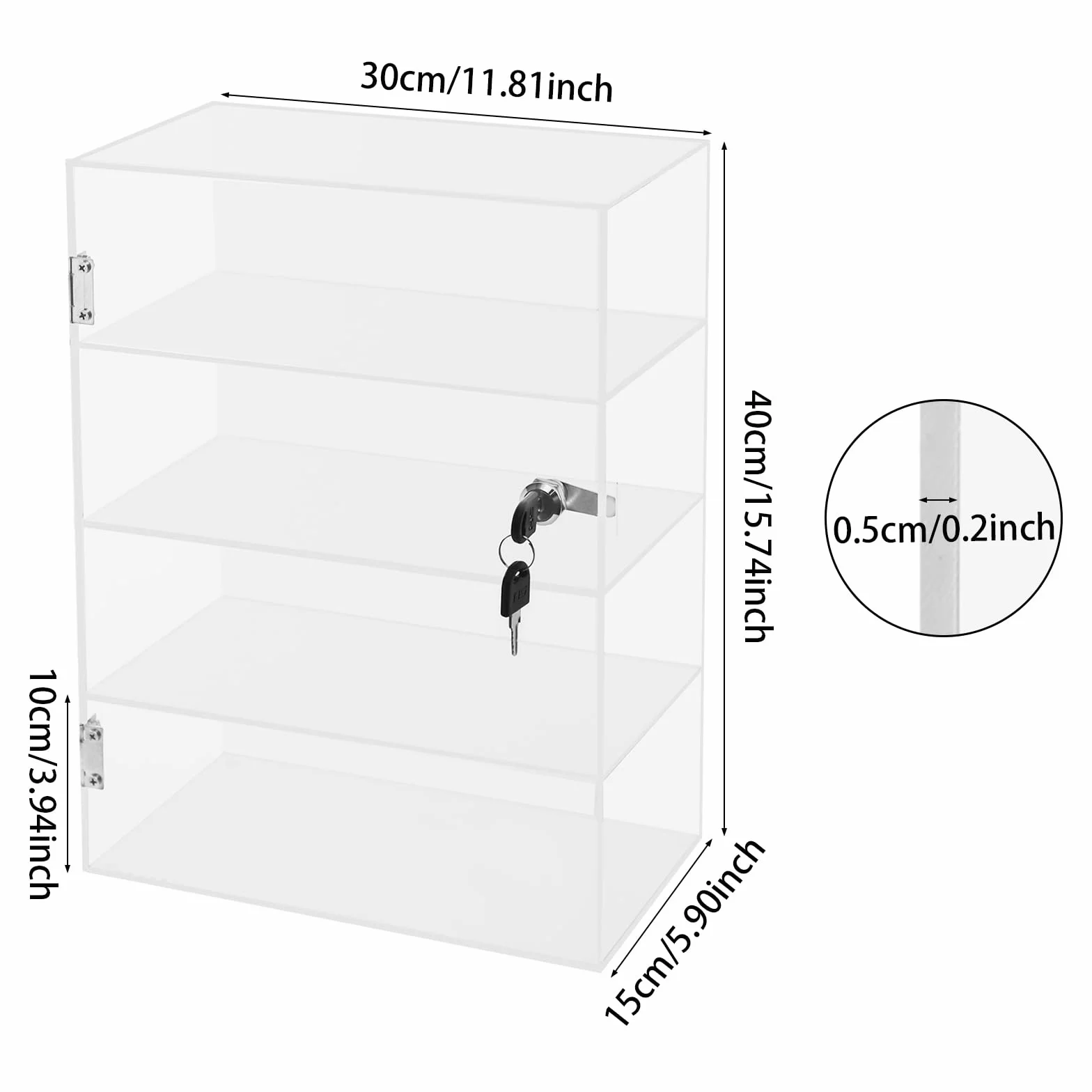 Vitrina acrílica con cerradura, expositor transparente a prueba de polvo, 30 x 15 x 40 cm, 4 niveles