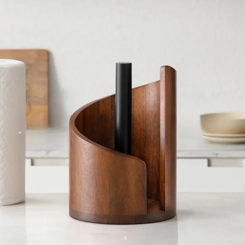 Soporte vertical para toallas de papel encimera base madera barra metal
