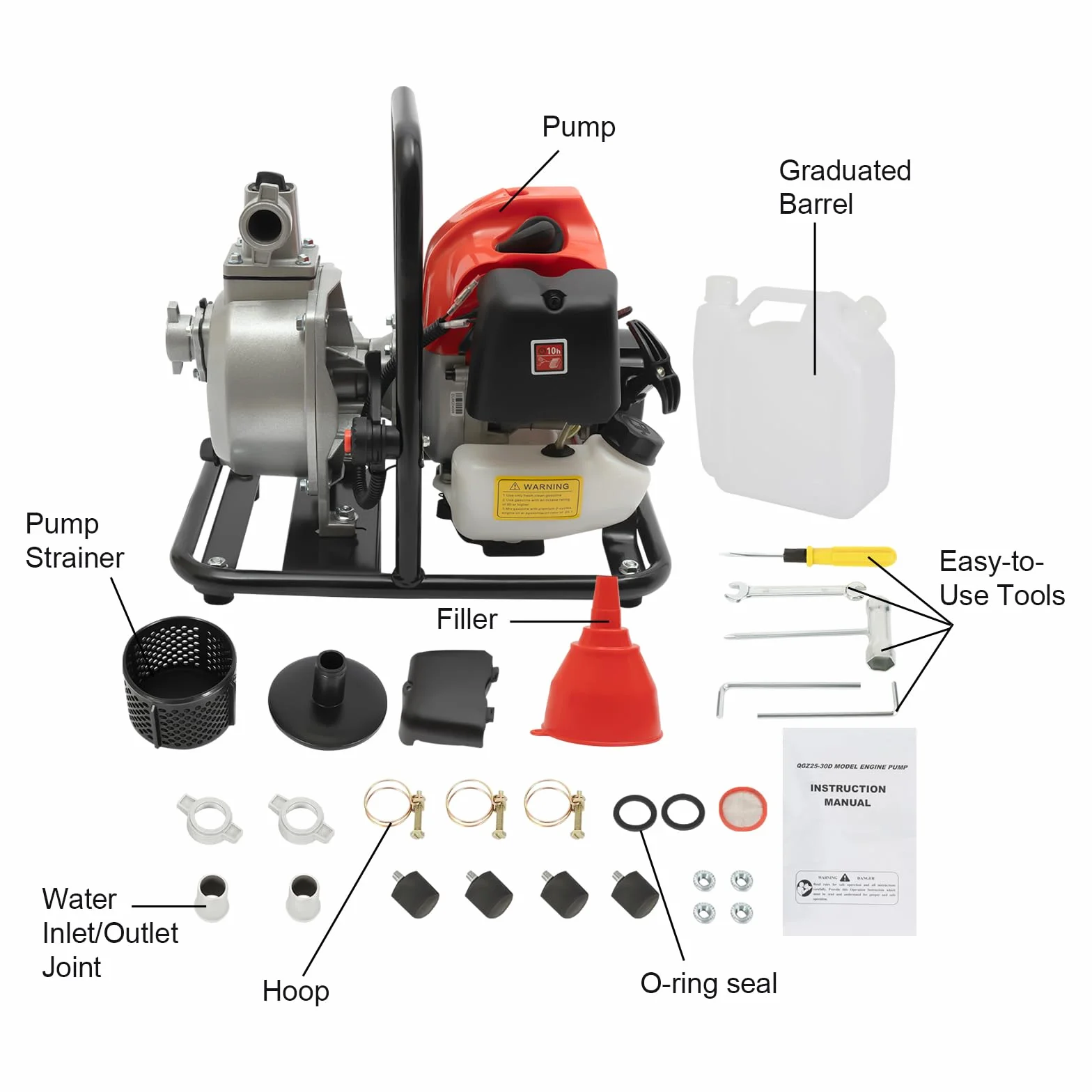 Bomba de agua de gasolina, motor de 40.2 cc, bomba de jardín, 1,25 kW, altura de extracción de 35 m, conexión de 38 mm (1,5 pulgadas), bomba de jardín con motor de 2 tiempos