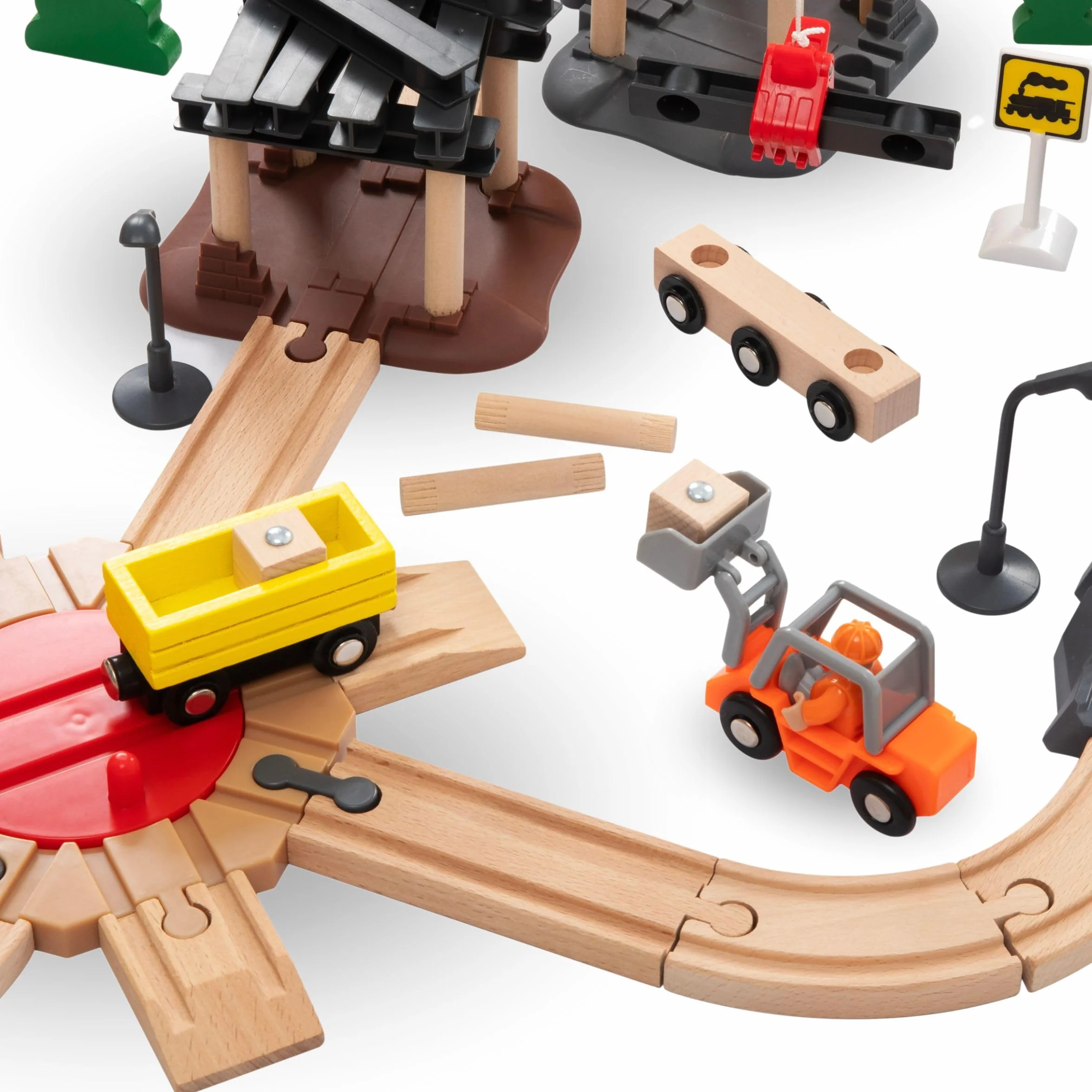 Mamabrum Tren Eléctrico de Madera Set Ciudad con Aeropuerto Grúa Giratoria Pista Compatible Lego Duplo Juguete Educativo