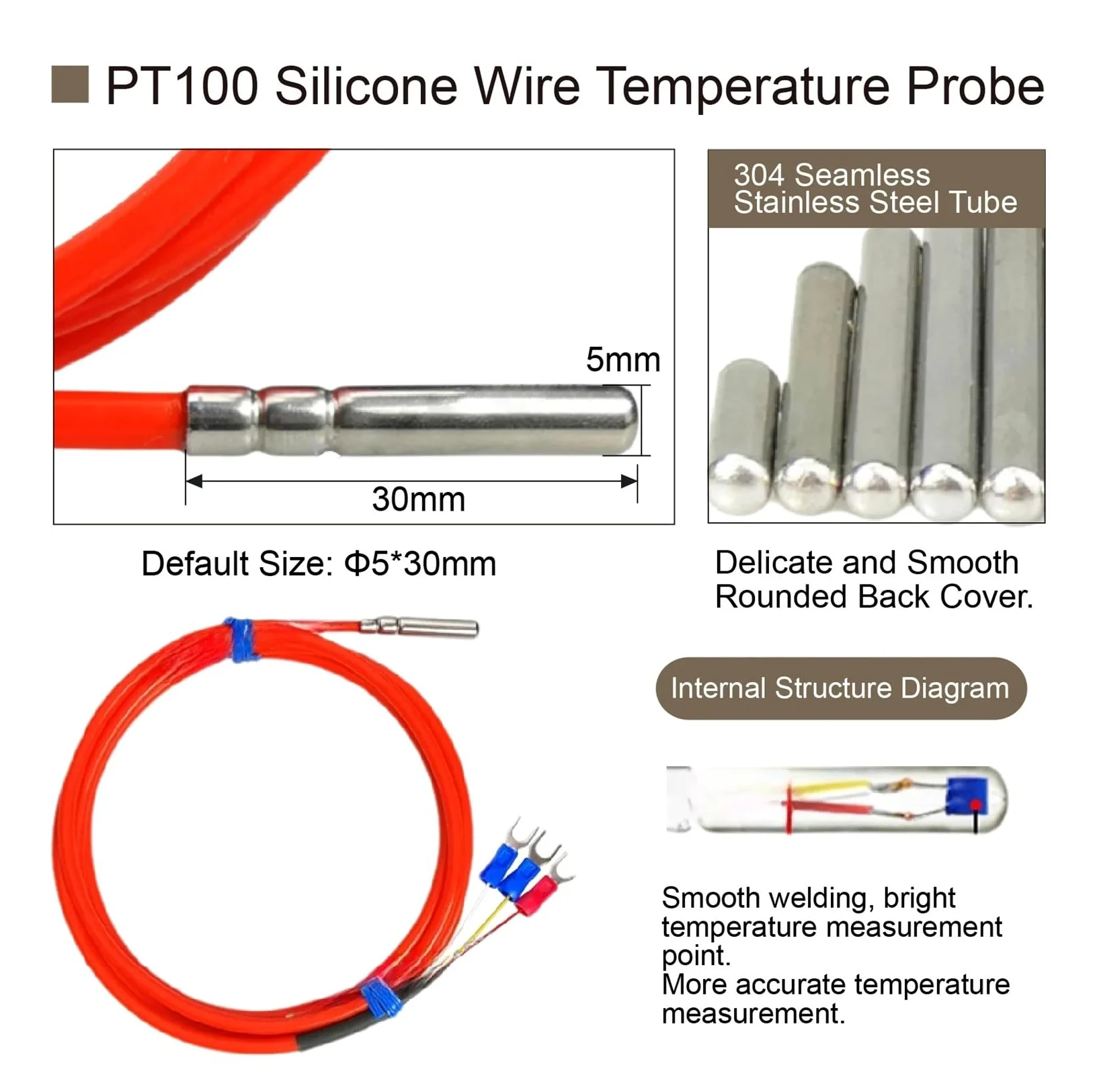 Sensor de Temperatura, Sensor PT100, sonda Cable Silicona, RTD Industrial Resistente al Calor y Aceite Acero Inoxidable(4 M)