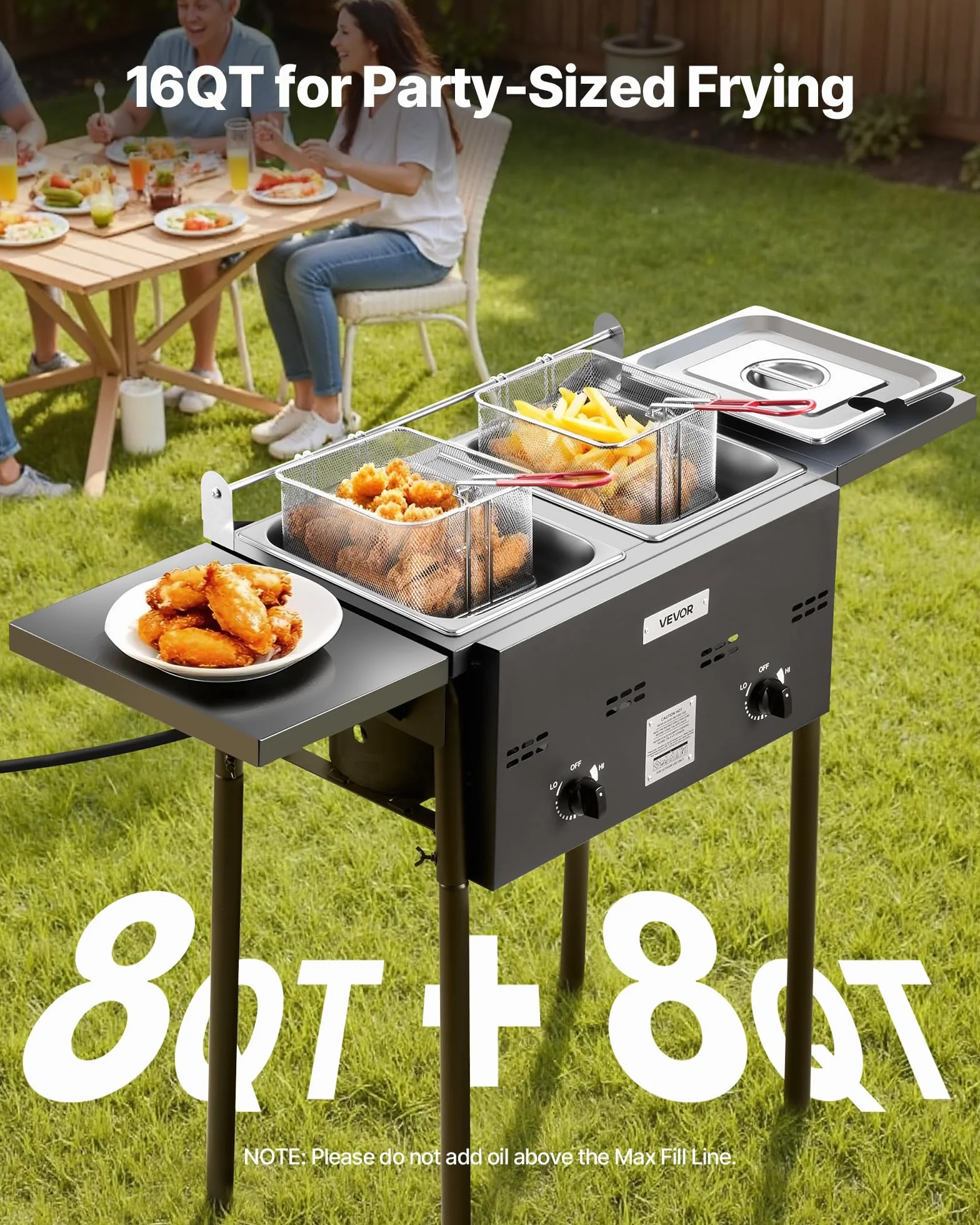 VEVOR Freidora de gas propano de doble depósito 9Lx2, aparato de cocción de propano de acero inoxidable, independiente con plataforma plegable y ajuste del calor, para exterior y restaurante Snack-bar