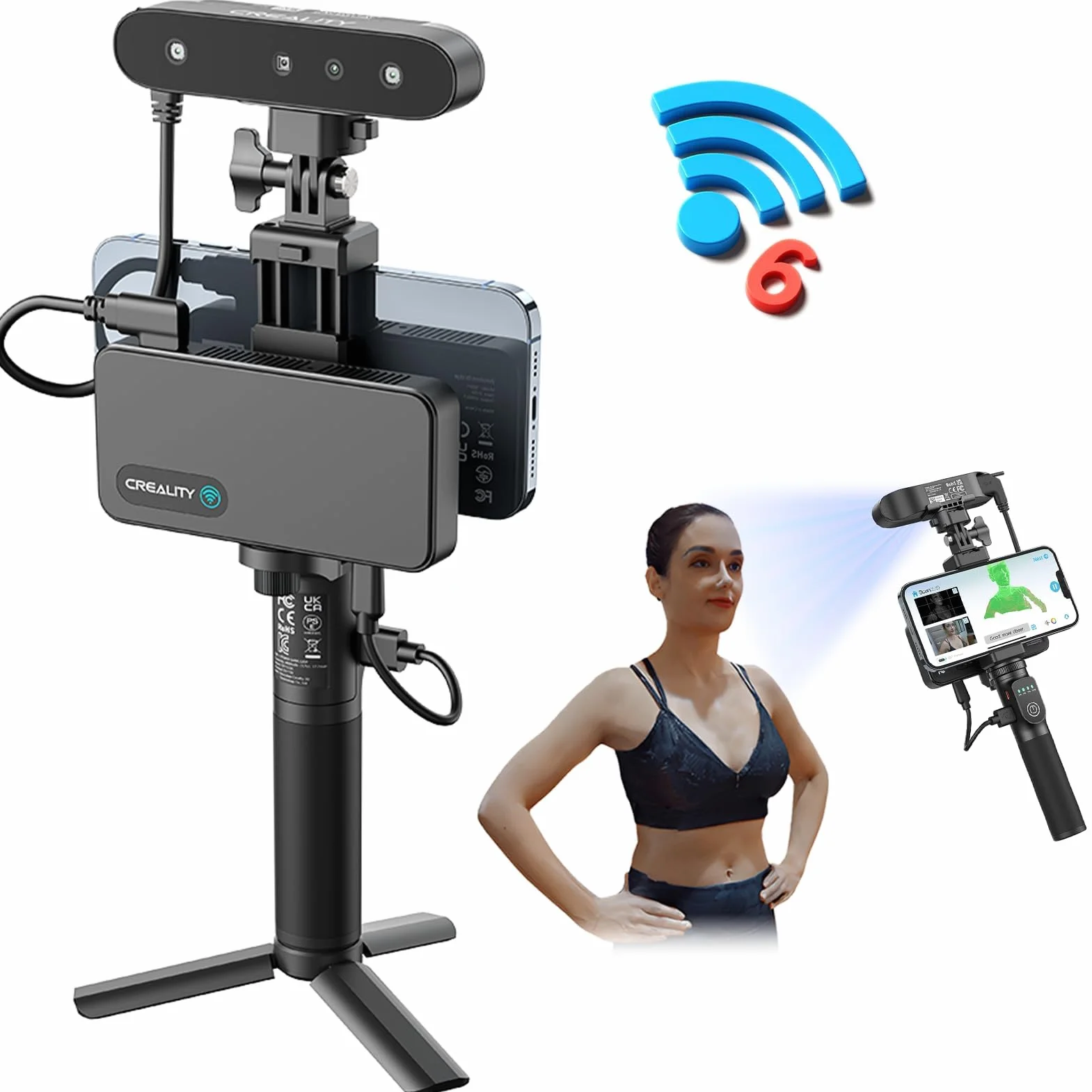 Creality CR-Scan Ferret Pro - Escáner 3D para impresora 3D, escaneo manual de modelo 3D, pista antivibración, escaneo Wifi6, precisión de 0,1 mm, 24 bits a todo color para teléfono Android iOS, PC