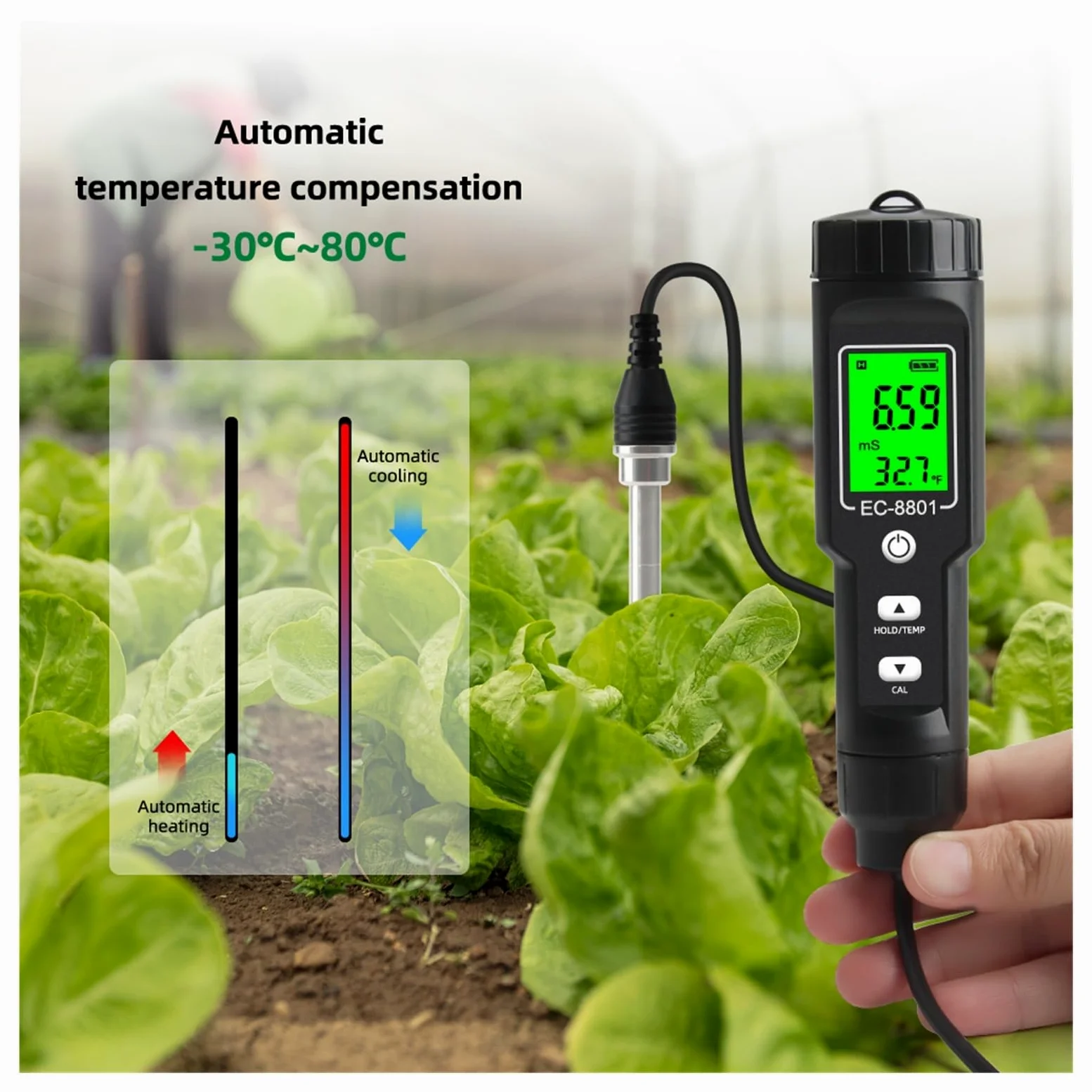Medidor de Calidad del Agua, Termómetro Digital LCD multifunción for Suelos con CE, Resistente al Agua, retroiluminación y sonda Desmontable. para Campo y Laboratorio