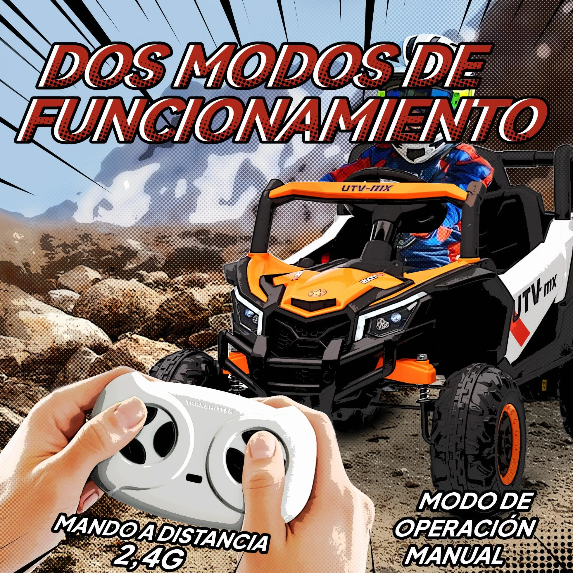 AIYAPLAY Coche Eléctrico 12V UTV 2 Motores Control Remoto 2,4G Velocidad 7 km/h Suspensión Faros USB para Niños +3 Años Naranja