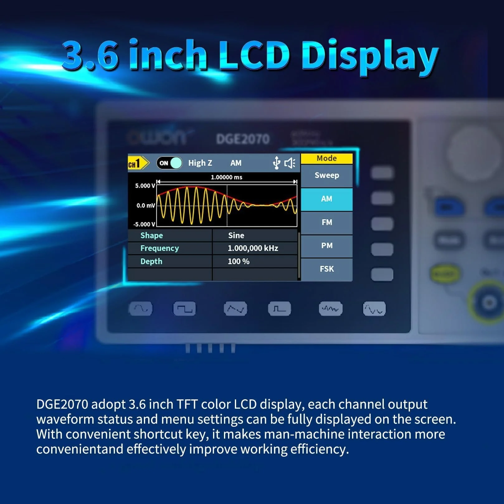 OWON DGE2070 generador portátil de forma de onda arbitraria, pantalla LCD de 3,6 pulgadas, canales duales, salida de frecuencia de 70 MHz, frecuencia de muestreo máxima de 300 MSa/s con generador