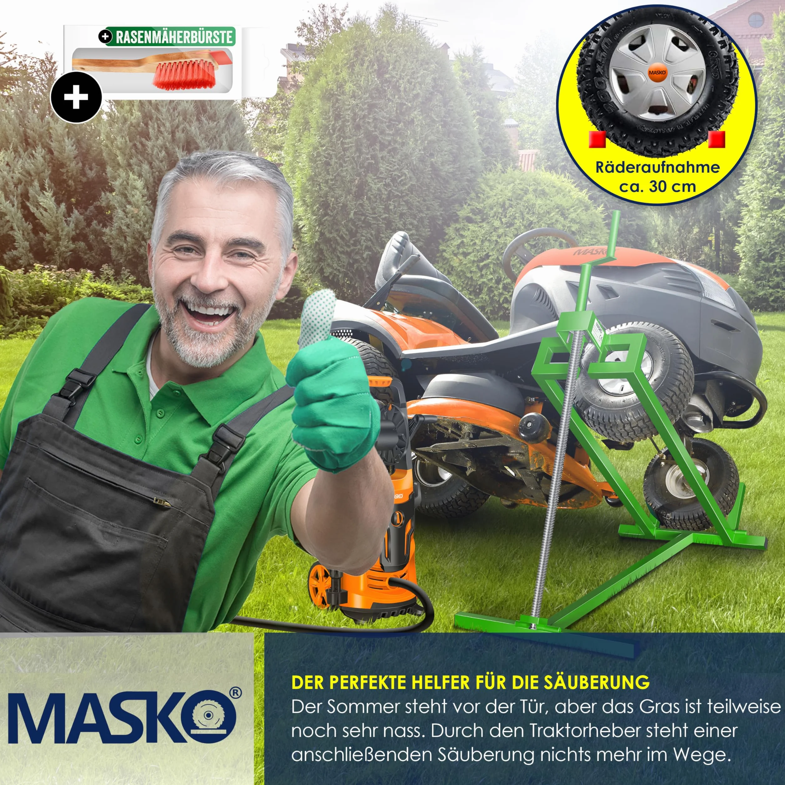 MASKO Elevador de tractor de césped 450 kg, plataforma elevadora, inclinación ajustable +45°