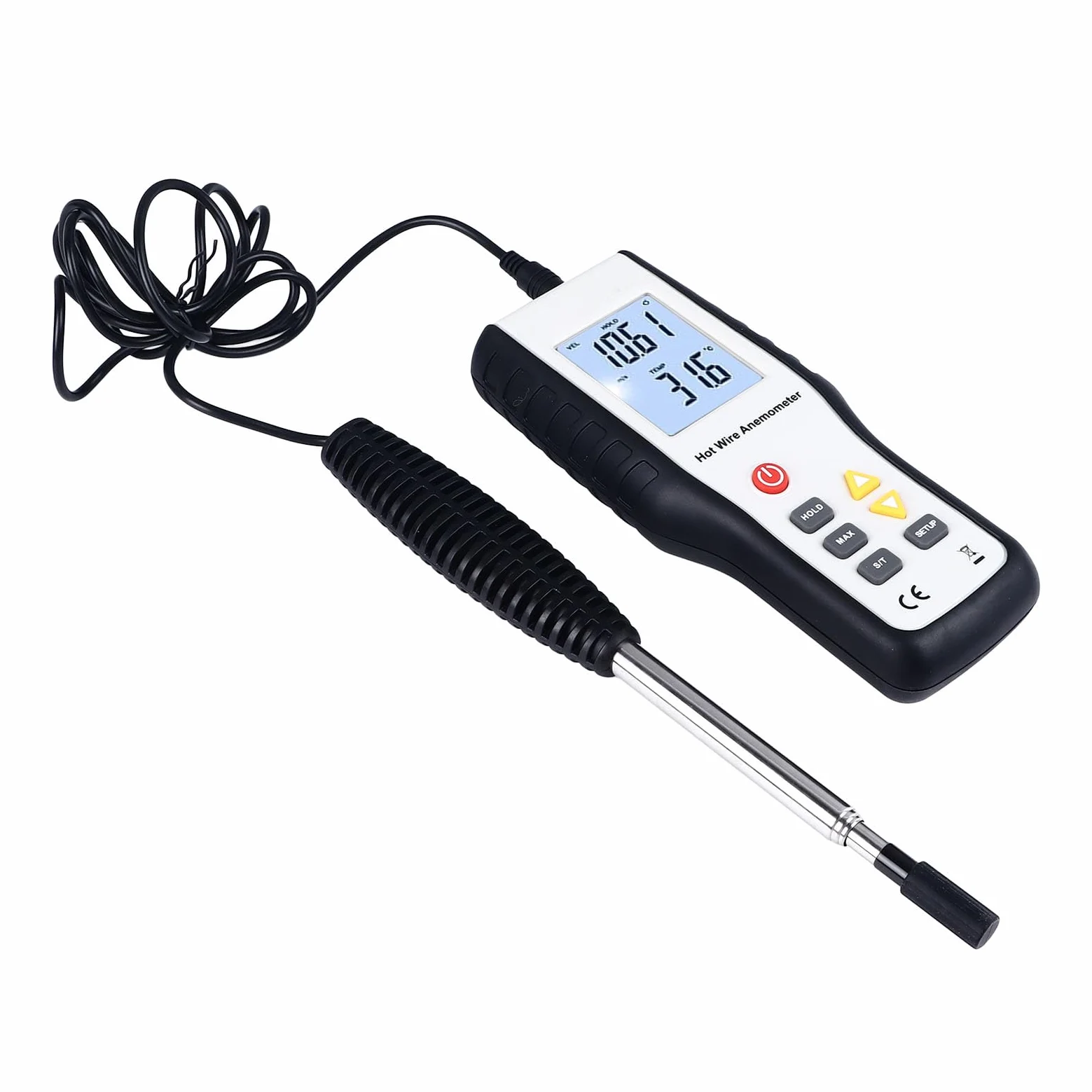 Cocoarm Anemómetro Térmico ABS Medidor de Velocidad del Viento LCD de Acero Inoxidable con Sonda Extensible de 1000 Mm Pantalla Retroiluminada Grande Lectura de Unidades Múltiples para Uso en el