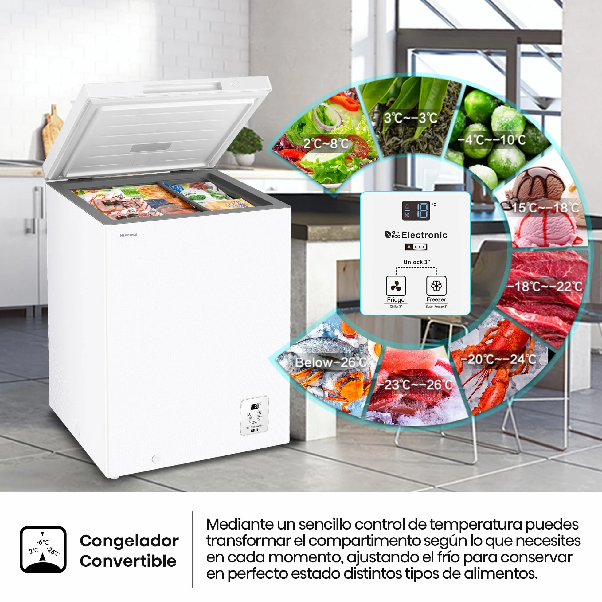 Hisense Arcón Congelador Horizontal 141L 86cm Congelación 360° Convertible Control Electrónico Freezer Protect Blanco