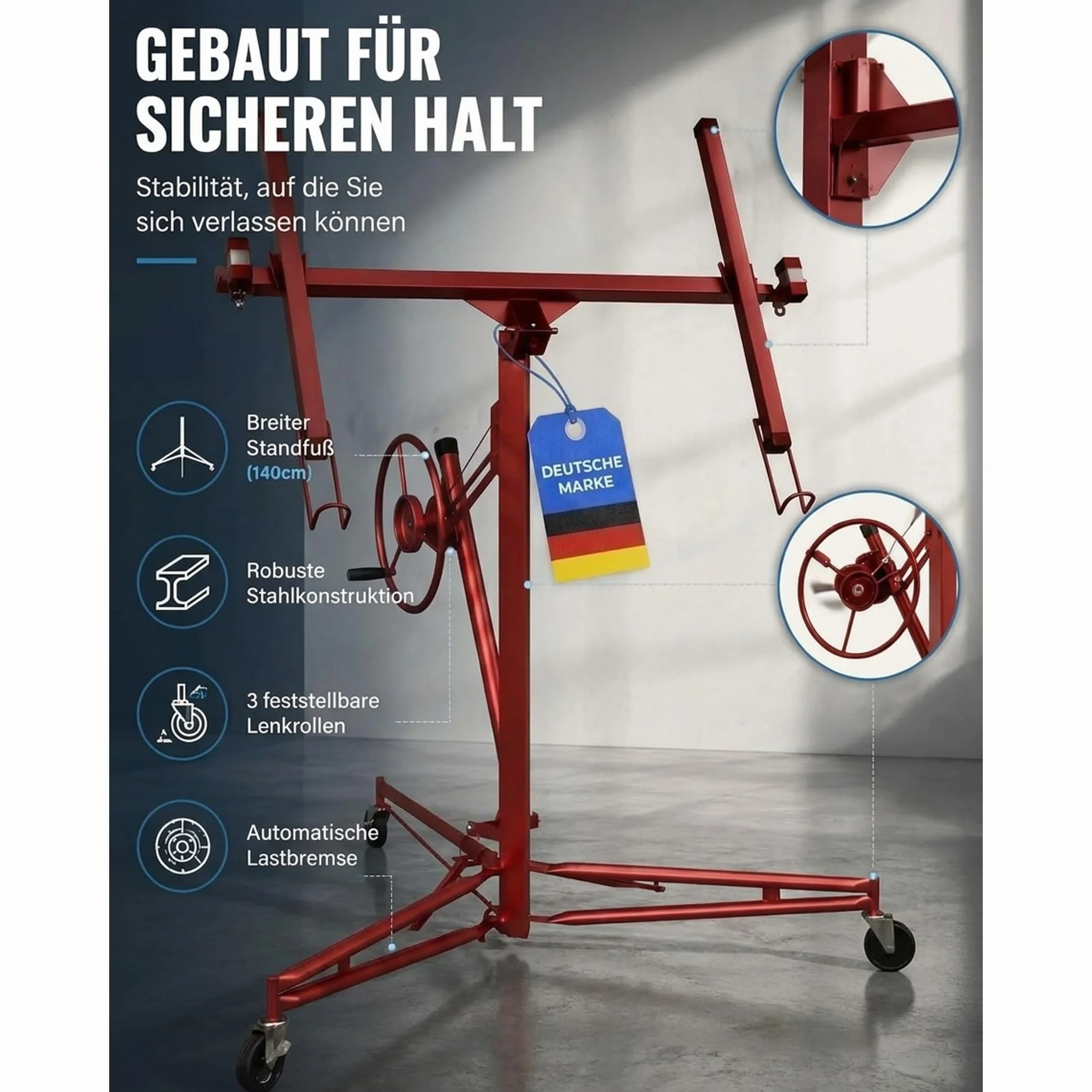 Werkthor Elevador de placas XXL de hasta máx. 68 kg, altura 140-350 cm, elevador de placas de yeso para placas de yeso y placas de yeso, elevador de placas de yeso con 3 ruedas y freno de