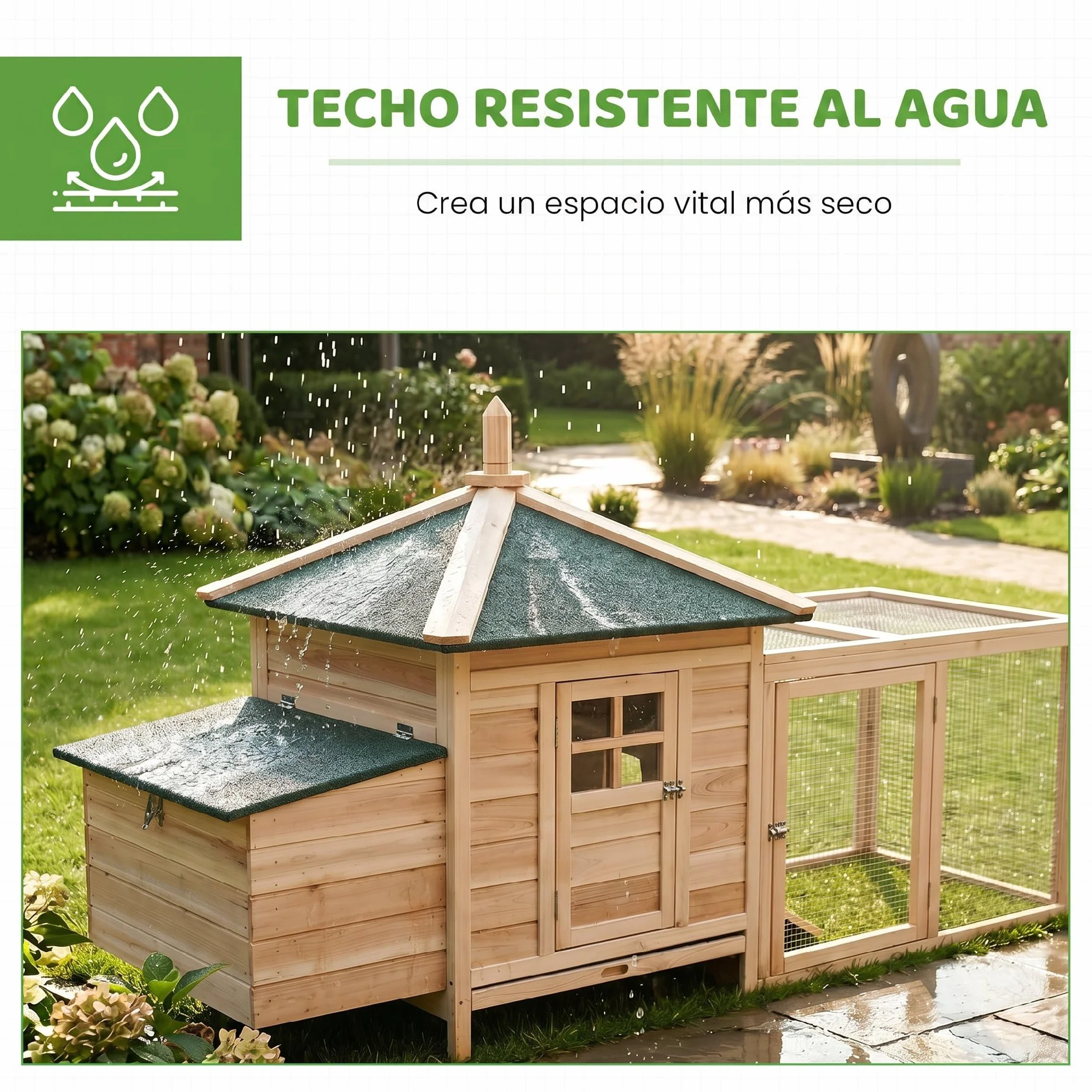 PawHut Gallinero de Madera de Pino para Exterior con Caja Nido 196x76x97 cm