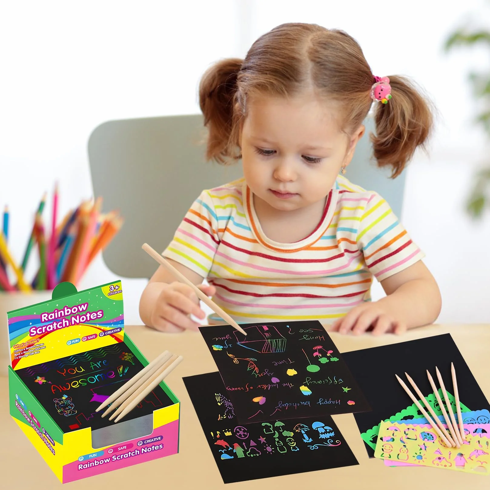 Juego De Dibujos Para Rascar Papel Negro 8,5 Cm Con 4 Bolígrafos Y 4 Plantillas Para Niños