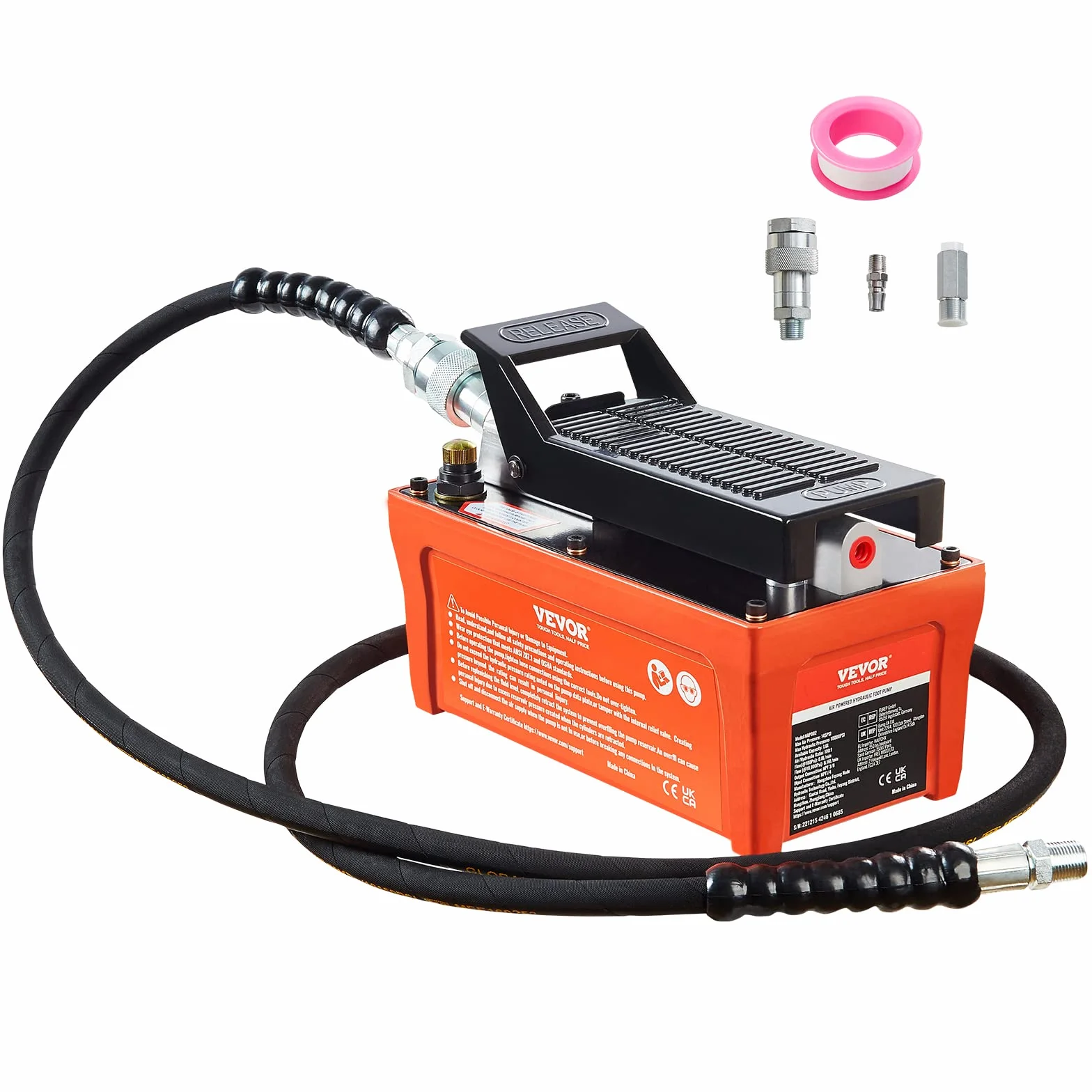VEVOR Bomba de Aire Hidráulica 10.000 PSI Salida de Aceite NPT 3/8" Entrada de Aire NPT 1/4" Bomba Hidráulica de Pedal de Aire Tubo de Aceite de 2 m Bomba Hidráulica de Aire Accionada por Pie Naranja