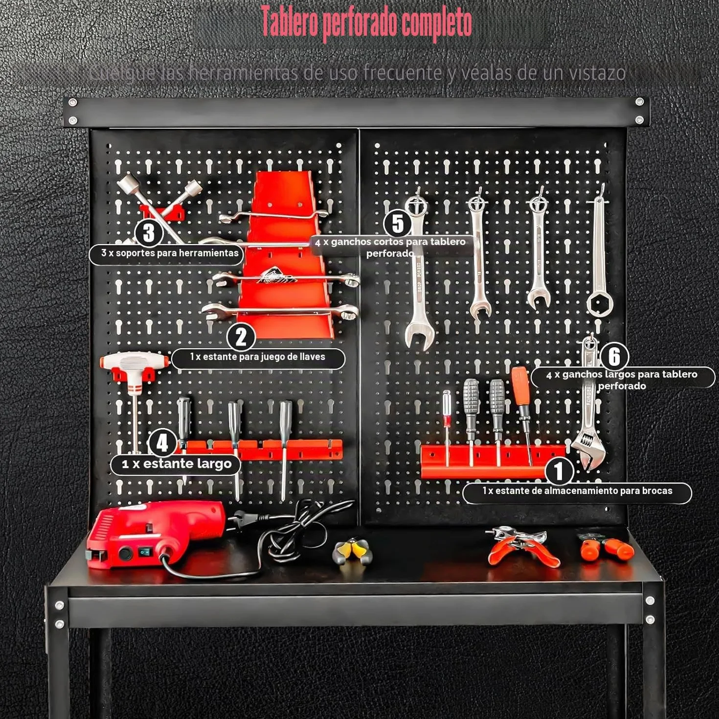 Banco de Trabajo Taller GYMAX, Capacidad Carga 100 kg, Mesa con Pared Perforada, 13 Accesorios, Negro