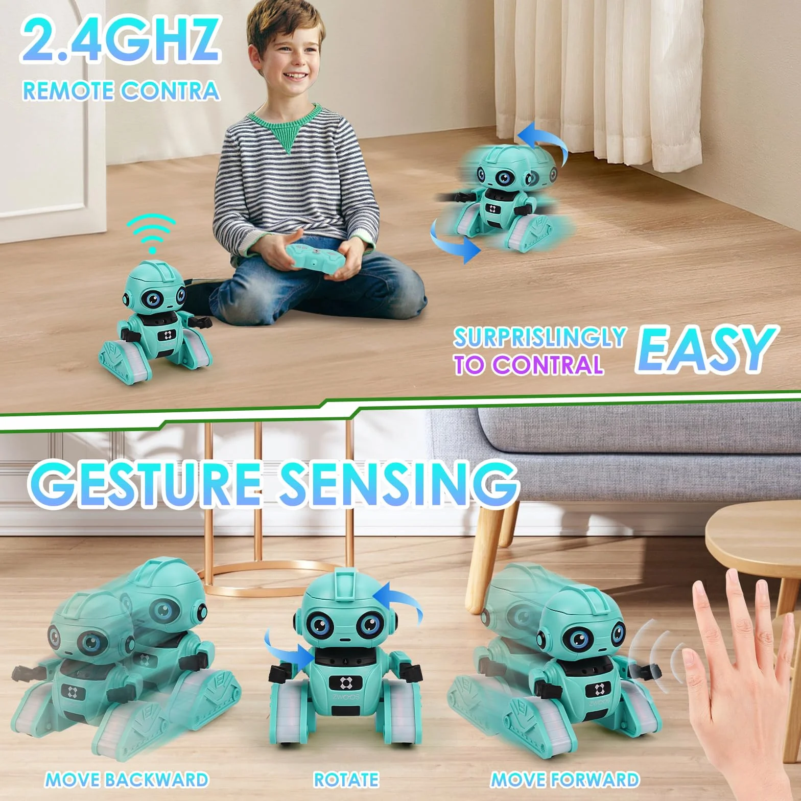 ZWOOS Robot Interactivo con Ojos LED y Música, Control por Gestos - Juguete para Niños 4-8 Años