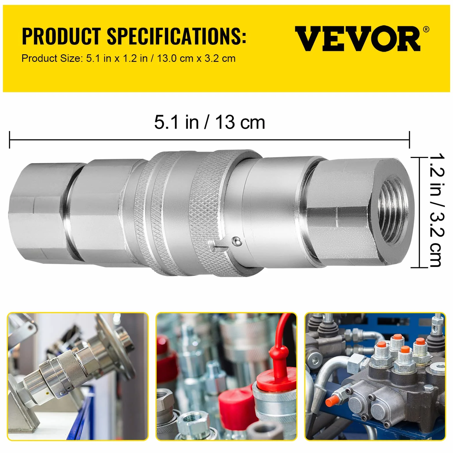 VEVOR Acoplamiento Hidráulico de Conexión Rápida 4 Kits Acoplamiento Hidráulico de Conexión Rápida Cuerpo 12,7 mm Rosca 1/2" NPT Acero Cara Plana Gran Caudal 45,5 L/min Conector para Línea