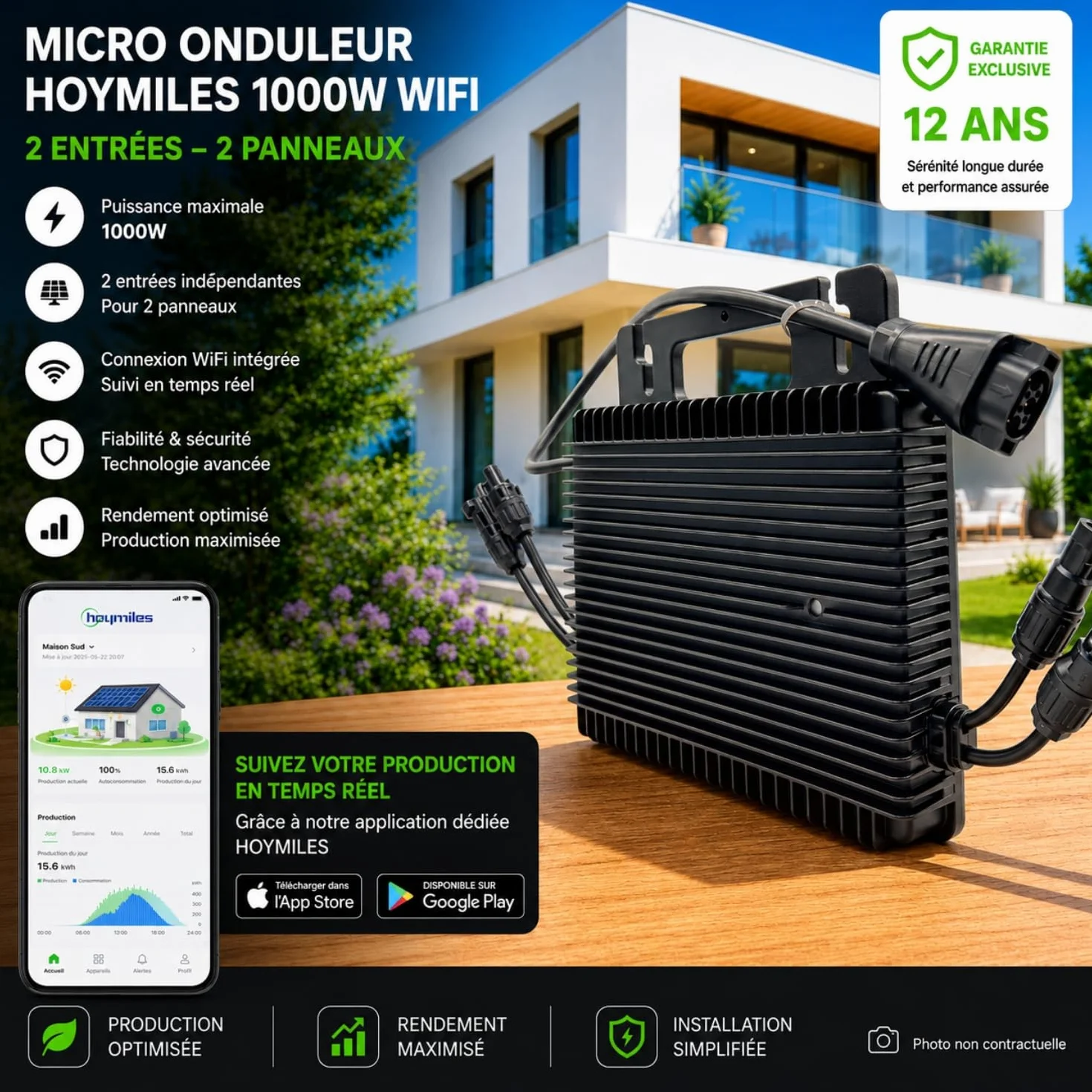 Hoymiles HMS-1000W-2T Microinversor 1000W - Doble MPPT - WiFi & Bluetooth - Impermeable IP67 - para 2 paneles solares hasta 670 WC