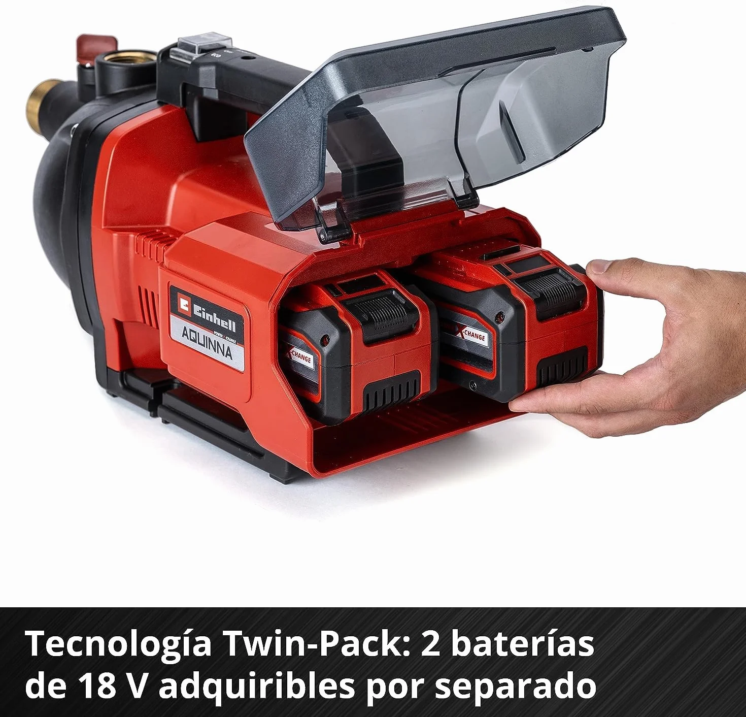 Einhell Bomba de jardín a batería AQUINNA 36/30 Power X-Change (2x 18 V, interruptor ECO de 2 escalones, tornillo de entrada y salida de agua, protección térmica, asa de transporte, sin baterías)