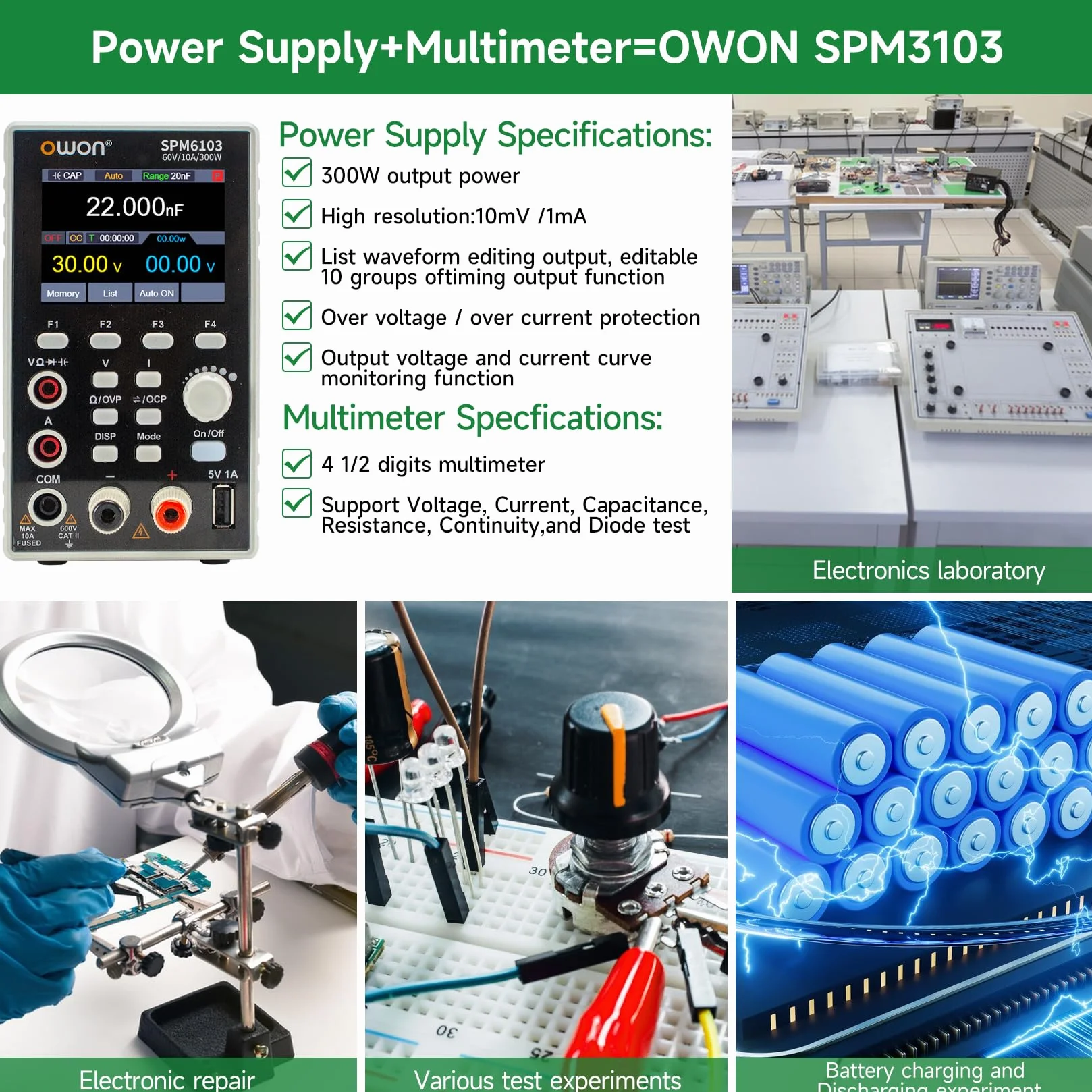 OWON SPM6103 Fuente de Alimentación CC (0-60V, 0-10A), 2 en 1 Multímetro y Banco de Laboratorio con Pantalla LCD de 2.8 inch, Multímetro Digital 4 1/2