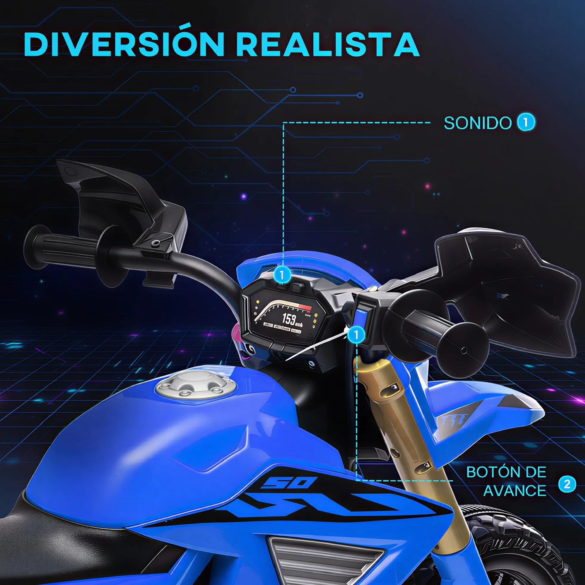AIYAPLAY Moto Eléctrica para Niños 12V con Ruedas de Entrenamiento Acelerador Bocina Carga 30 kg Azul