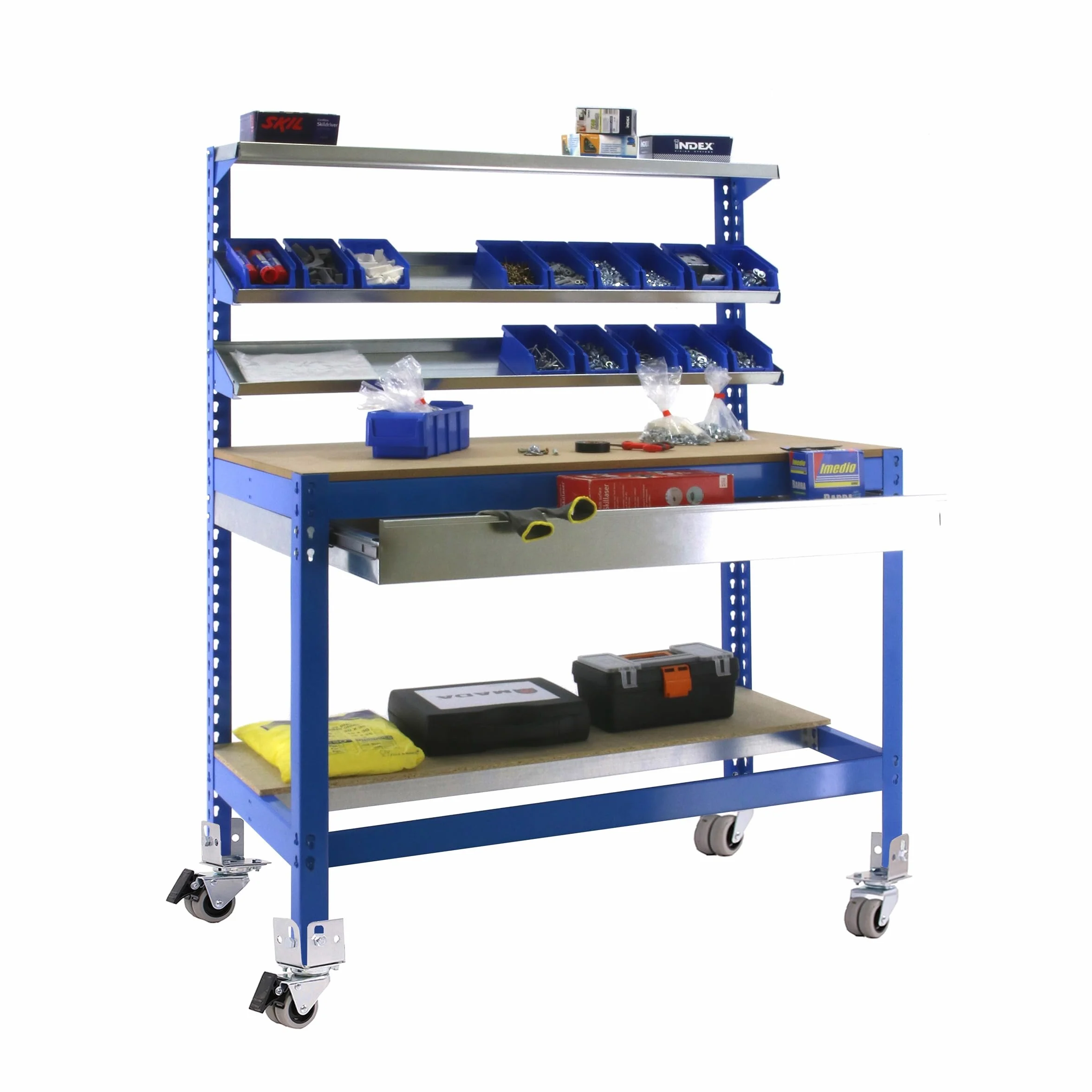 Simon Rack Banco de Trabajo Taller, Capacidad Carga 120 kg, 1520x1510x760 mm, Mesa de Trabajo, Incluye Ruedas, 1 Cajón, Azul/Madera - BT1