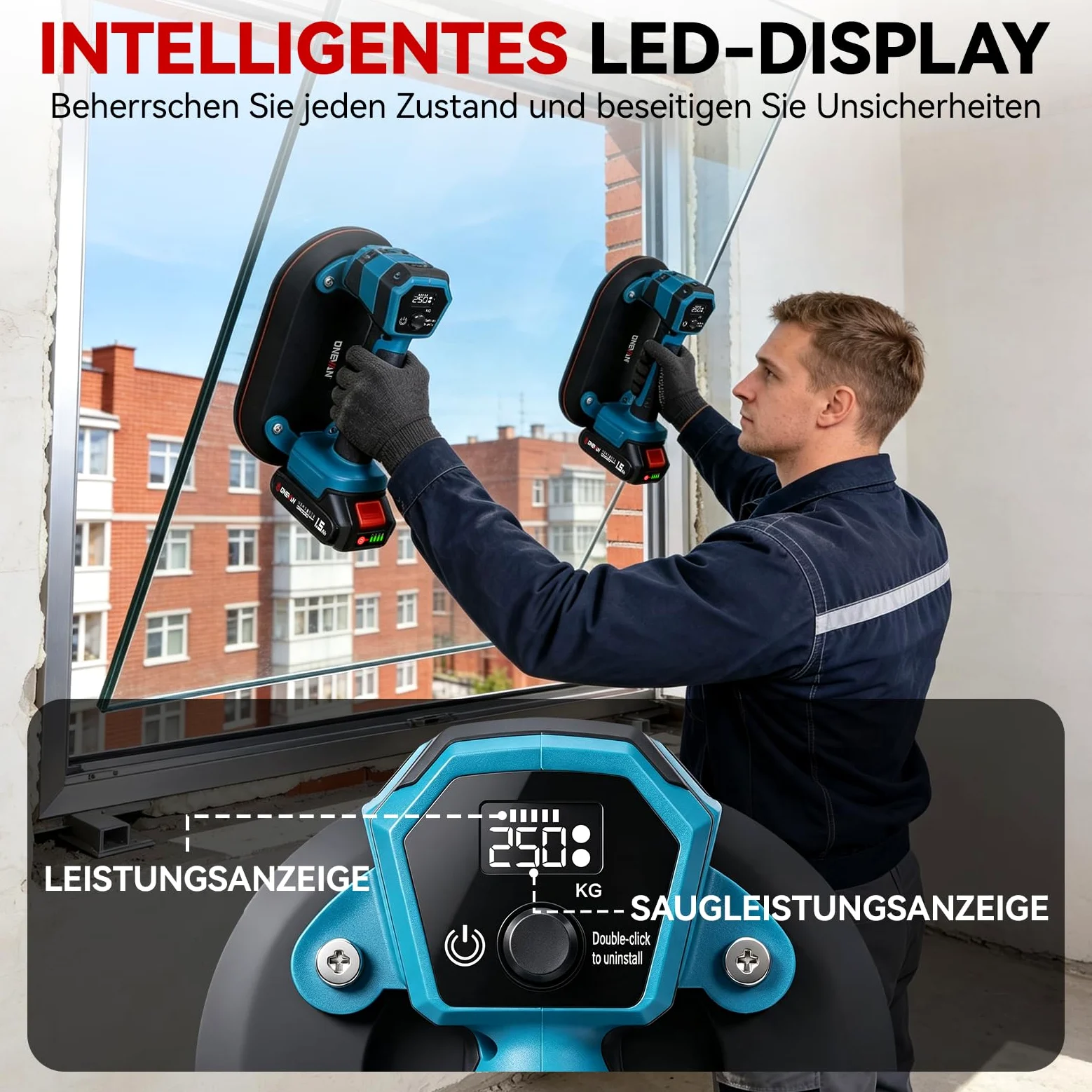 ONEVAN 2x ventosas eléctricas 21V, elevación de 250kg para azulejos, vidrio | Ventosa grande 16 x 24cm, reposición automática de presión, 2 baterías 21V 1500mAh, pantalla digital, compatible con Makita