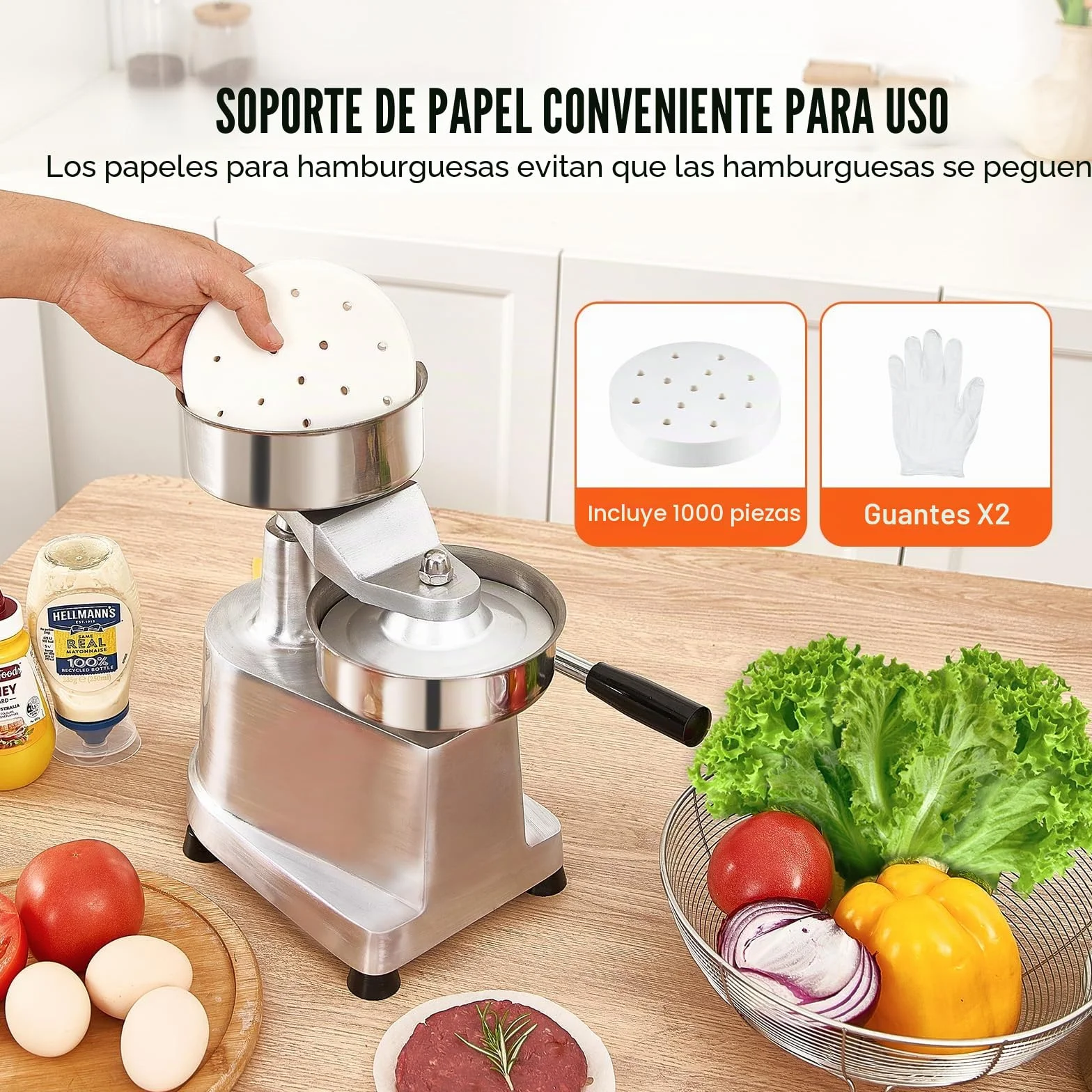 VEVOR Máquina de Hamburguesas Comercial Máquina de Prensa de Hamburguesas 130 mm Prensa de Hamburguesas de Acero Inoxidable para Formar Carne 1000 PCS de Papel para Hamburguesas Prensa de Hamburguesas