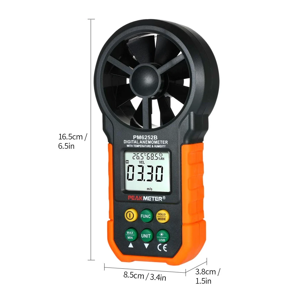 PEAKMETER Anemómetro digital multifunción Medidor de velocidad del viento profesional Anemómetro digital LCD Volumen de aire/temperatura/humedad para recopilación de