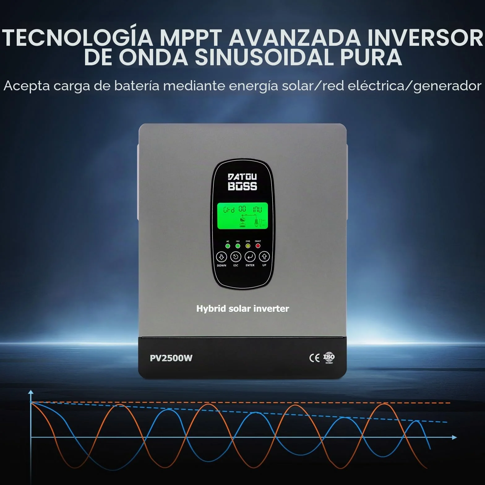 DATOUBOSS Inversor Solar Híbrido 1800W 12V Onda Sinusoidal Pura 12V a 230V con Regulador MPPT Sistema BMS Compatible con Baterías de Plomo Ácido y Litio Sistema Solar Off Grid