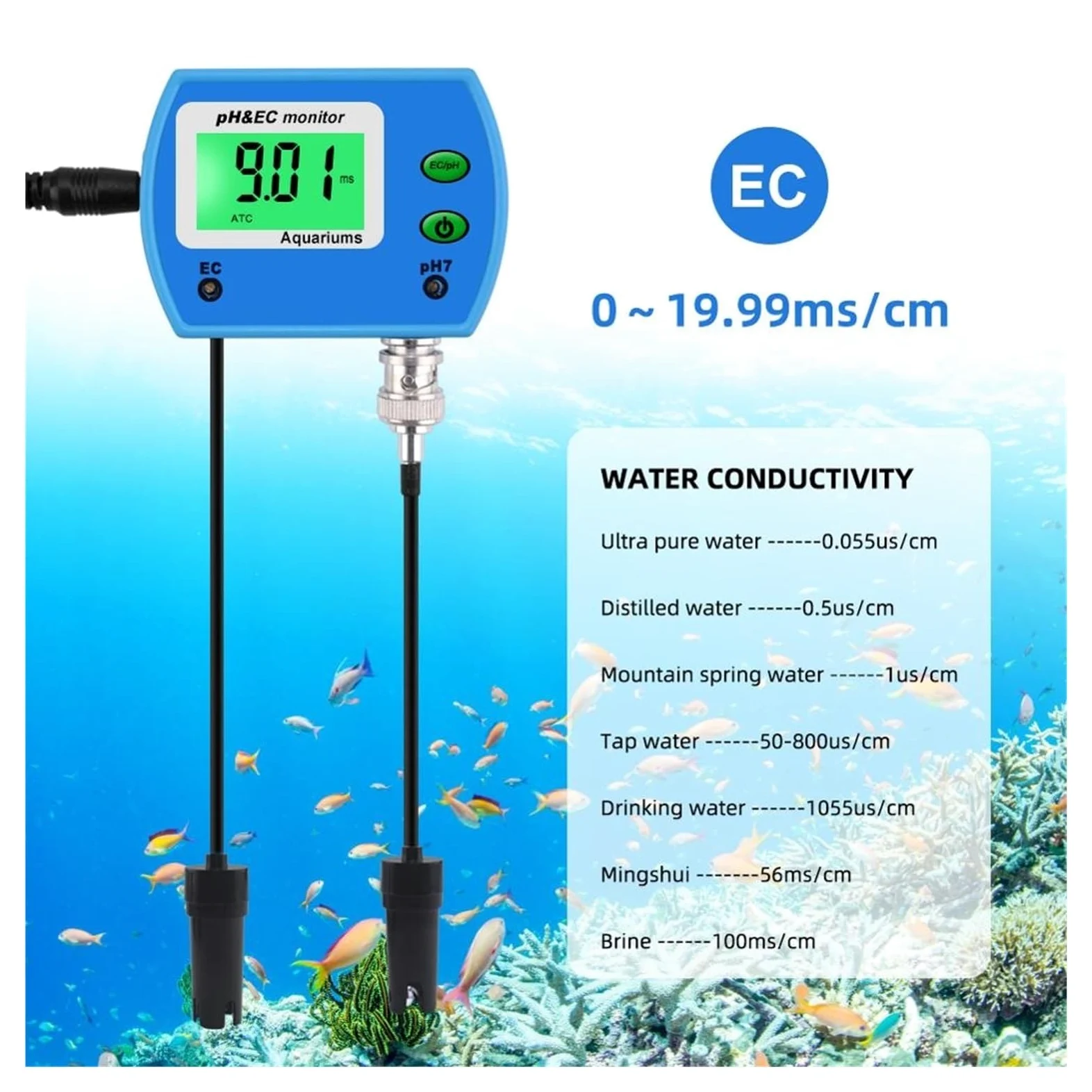 Medidor de PH EC 2 en 1, Monitor Digital calidad del agua, acidómetro línea multiparámetro for herramienta prueba acuario Amplio Rango NuméRico