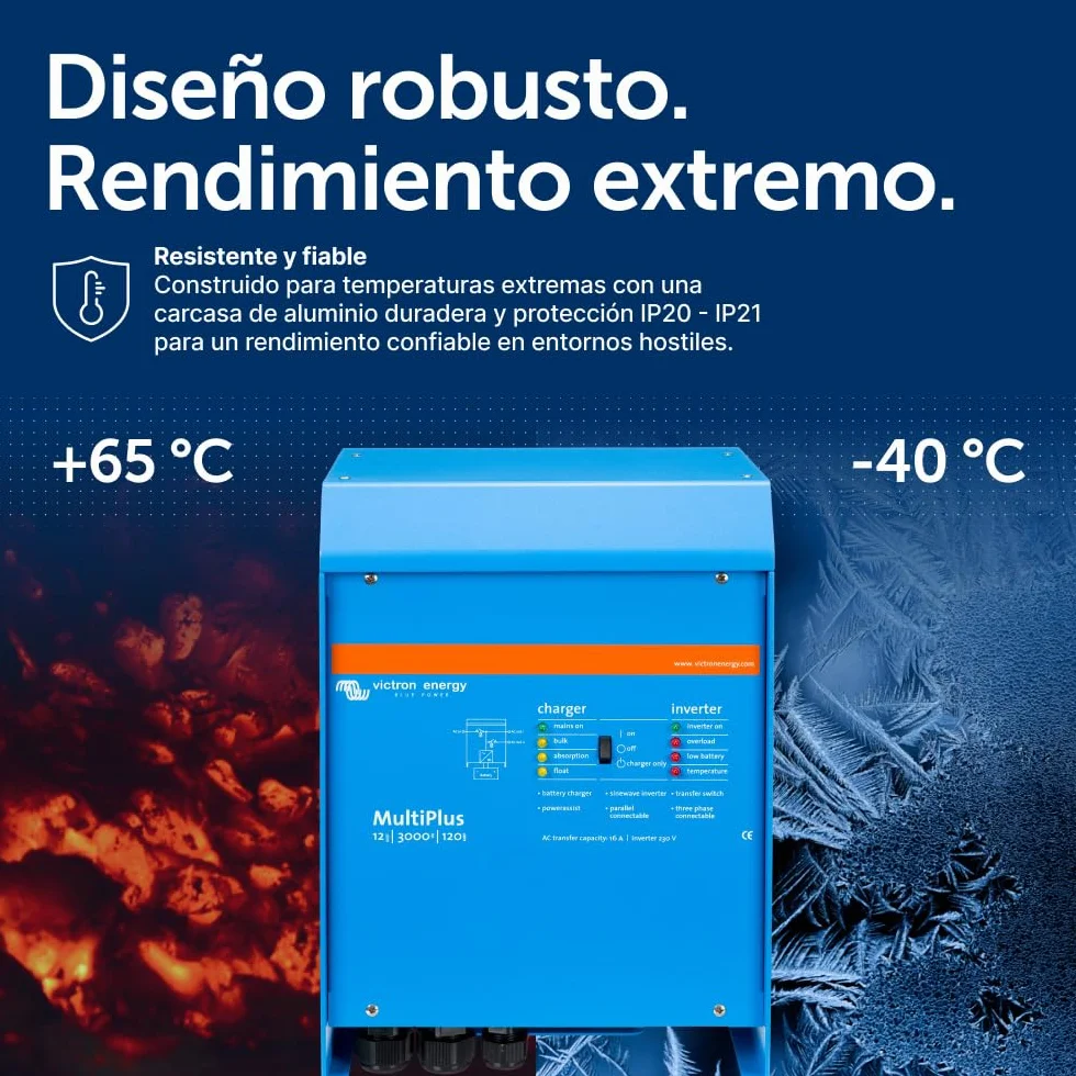 Victron Energy MultiPlus 3000VA 12-Voltios 230V Inversor de Onda sinusoidal Pura 120 amperios Cargador de batería, Interruptor de Transferencia 16 amperios