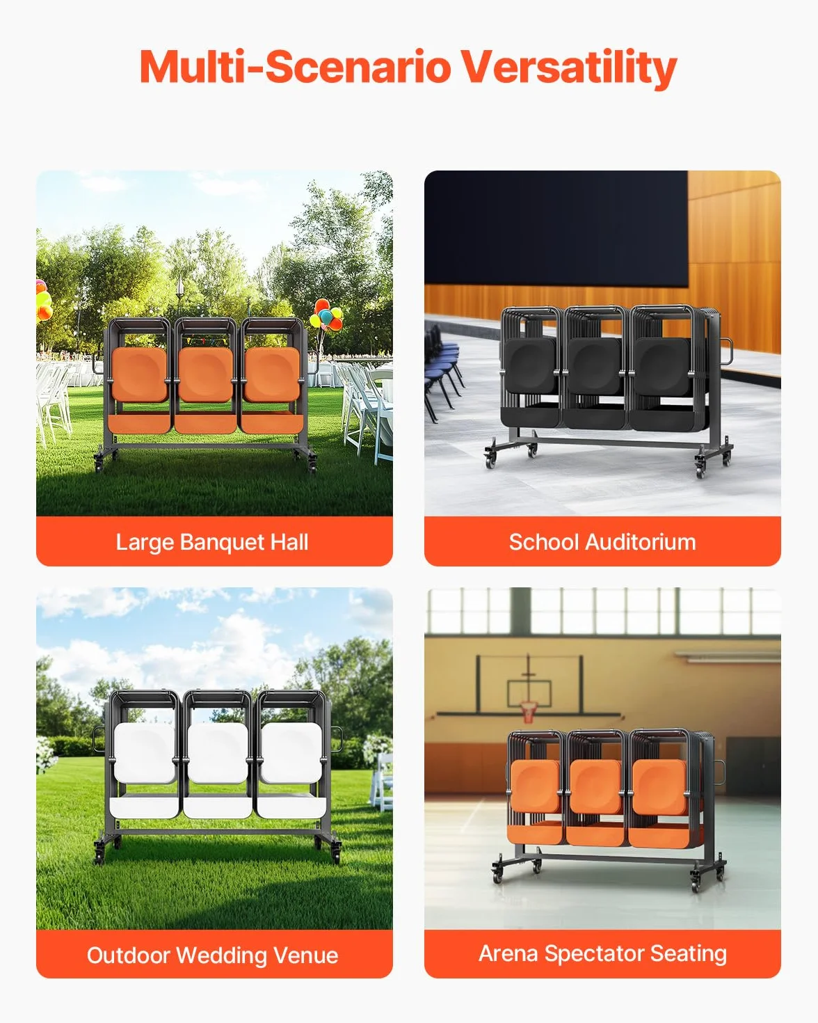 VEVOR Estante para Sillas Plegable, Capacidad de 181 kg, Carrito Resistente para 42 Sillas o 12 Mesas, Carrito de Almacenamiento Multifunción para Sillas con Ruedas de Goma y Soportes, Negro Mate