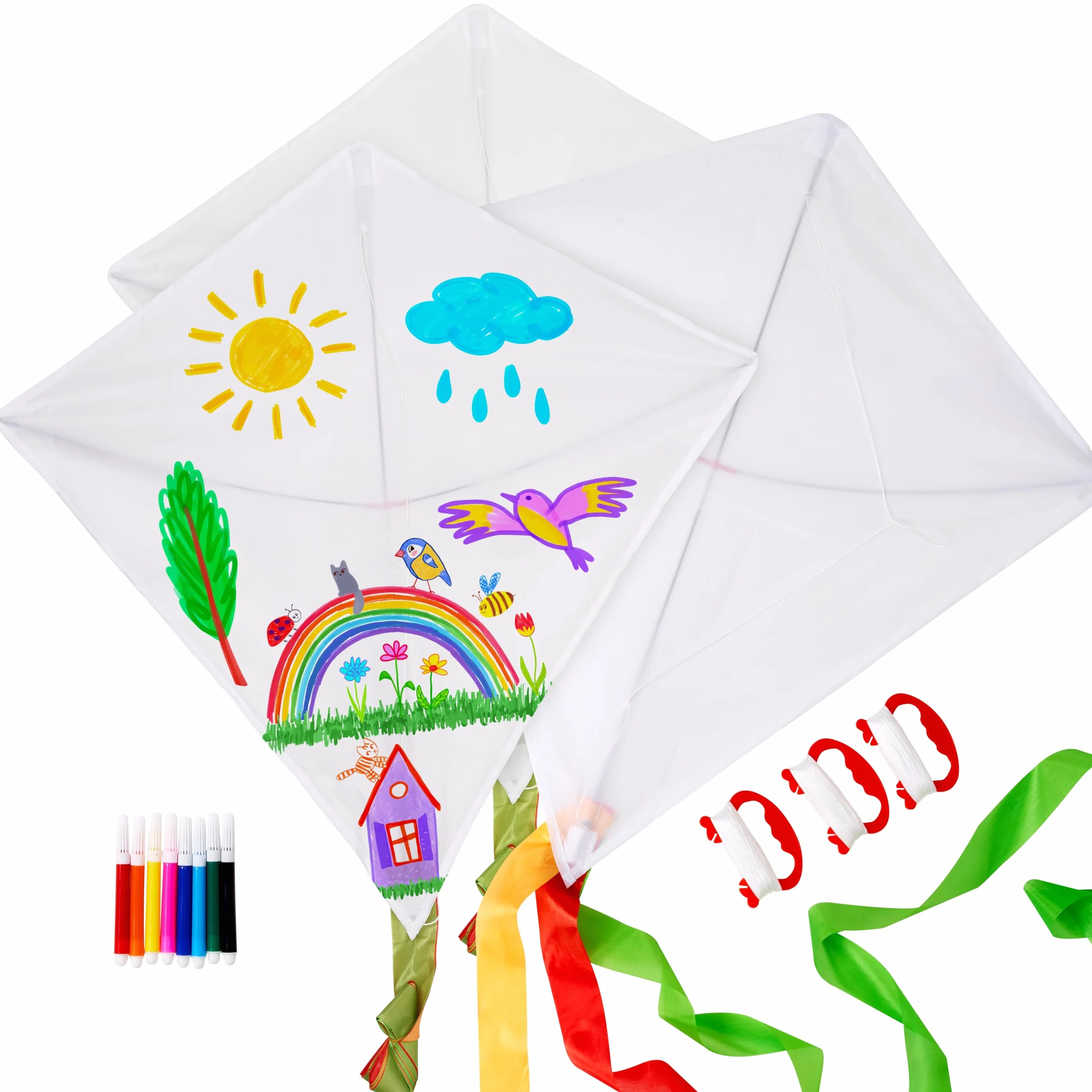 Kit de 3 Cometas para Pintar y Volar Extra Grandes 65x65 cm Manualidades Juegos Exterior Niños Rotuladores