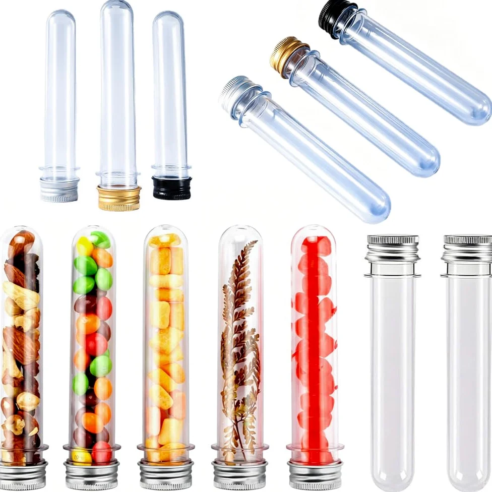 50 botellas de plástico PET vacías de tubo de ensayo cilíndrico transparente con tapa de aluminio de rosca para plantas, especias, caramelos, contenedores portátiles recargables (80 ml, plateado)