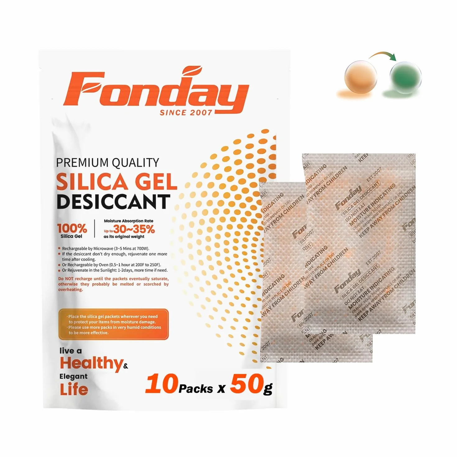 Fonday Bolsas Desecantes de Gel de Sílice Grado Alimenticio 10 Paquetes Recargables Indicador de Humedad Naranja a Verde