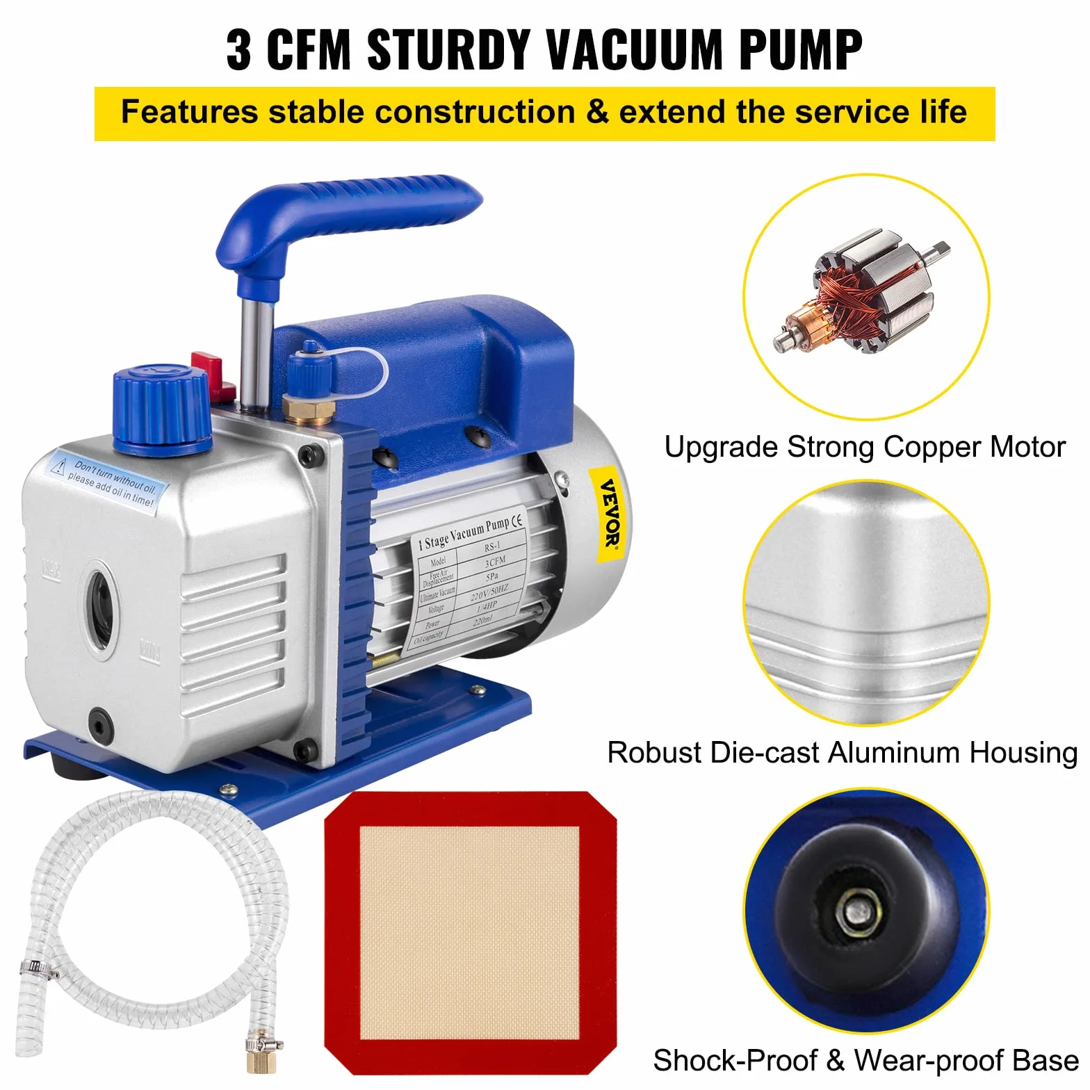 VEVOR Bomba de Vacío 3 CFM 1/4 HP 12 L 1720 RPM 220V Carcasa de Aleación de Aluminio