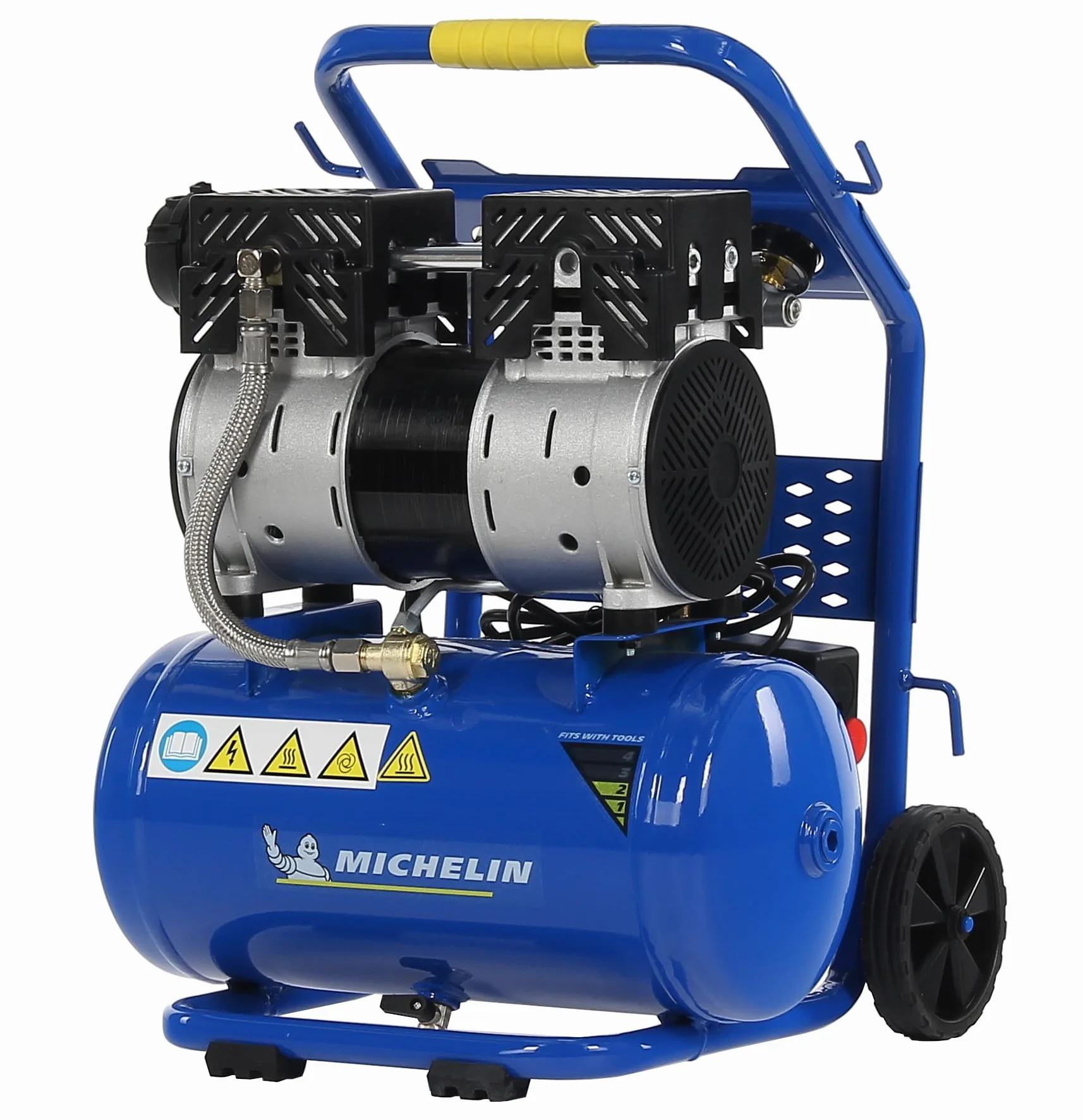 MICHELIN CA-MX10-1 - Compresor Silencioso 10LT 1HP - 59 dB - Capacidad 10 L - Motor de 1 HP - Presión Máx 8 Bar - Caudal 130 l/min - Sin Aceite - Portátil - Carro Ergonómico
