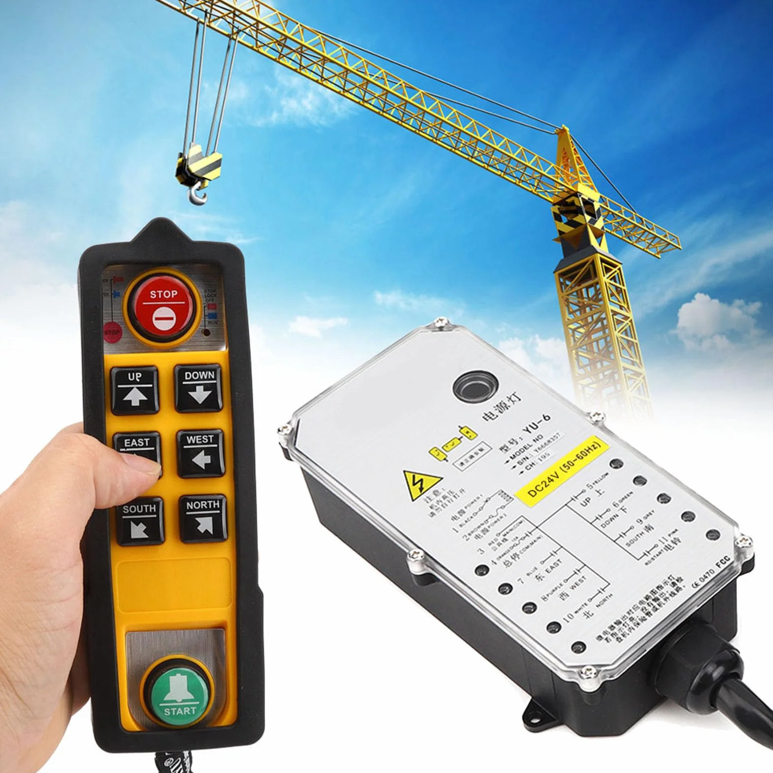 Controlador de grúa YU-6 Doble manija control remoto de grúa impermeable 800 MHz RF punto(DC24V), Default, DC24V