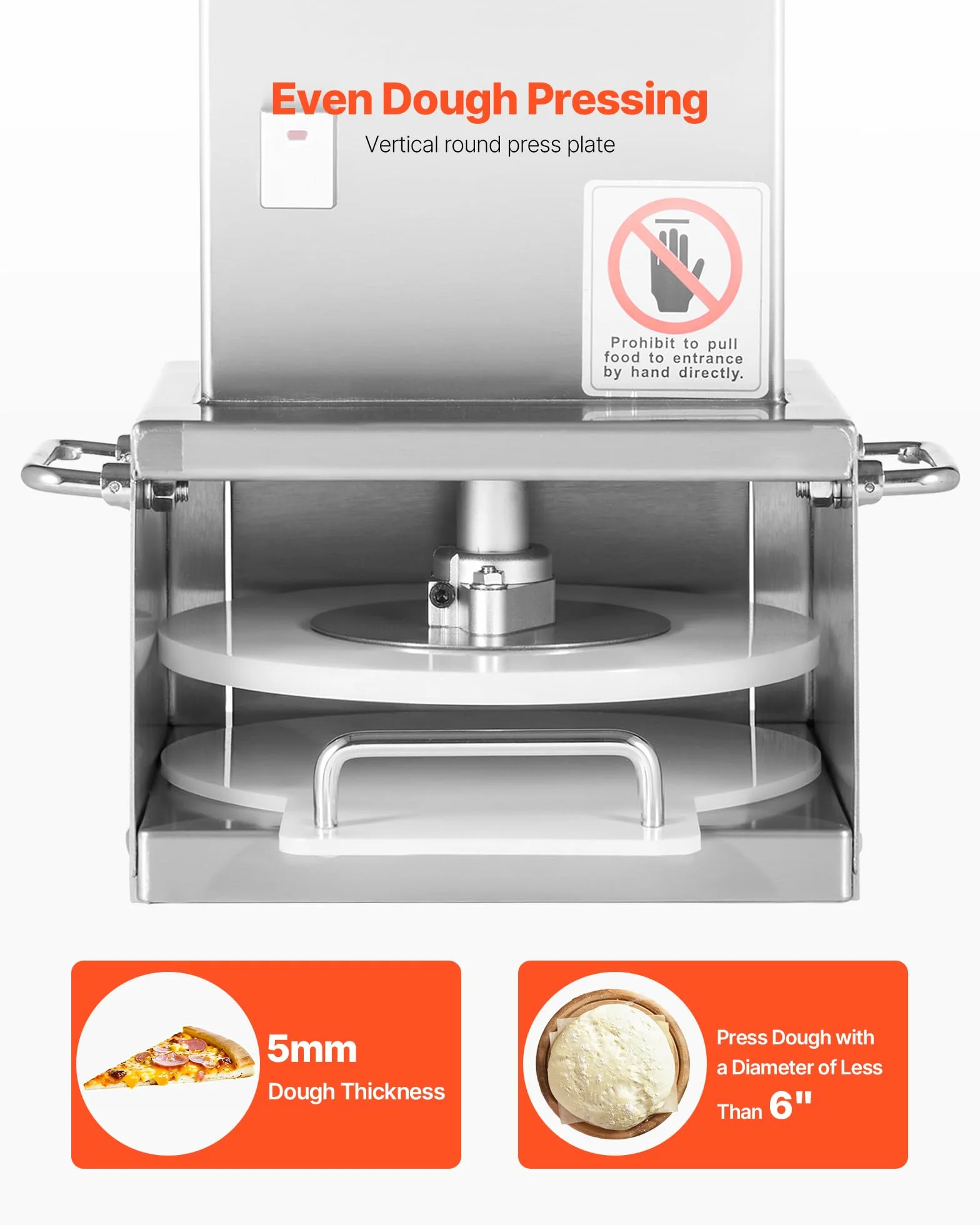 VEVOR Prensa Eléctrica para Masa de Pizza, Placa de Prensado 15 cm, Máquina de Pan de Acero Inoxidable, Espesor Ajustable, con 100 Hojas de Papel Pergamino, 240 x 250 x 330 mm, Fácil de Usar