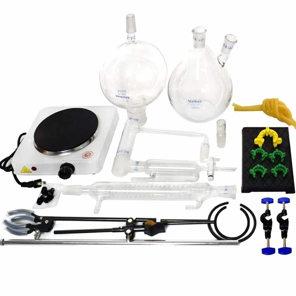 Aparato de destilación Kit destilador, Aparatos de extracción de aceites Esenciales de 2000 ml, Kit de Cristal de Cristal de destilación de Vapor de Vidrio con Estufa Caliente Graham Condensador