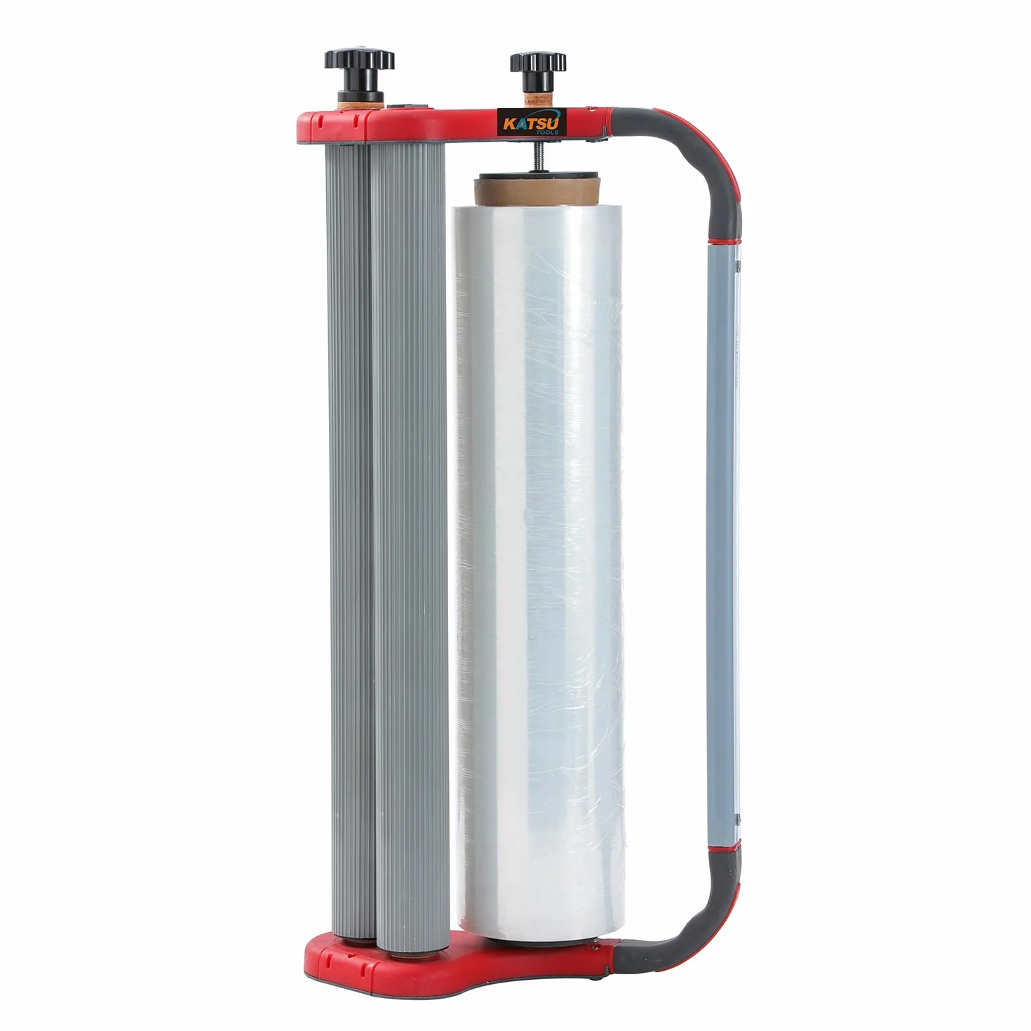 KATSU Tools Herramienta dispensadora manual de película estirable, tensión ajustable, máquina de embalaje de palés de cartón, 1 rollo de película de 3 kg incluido