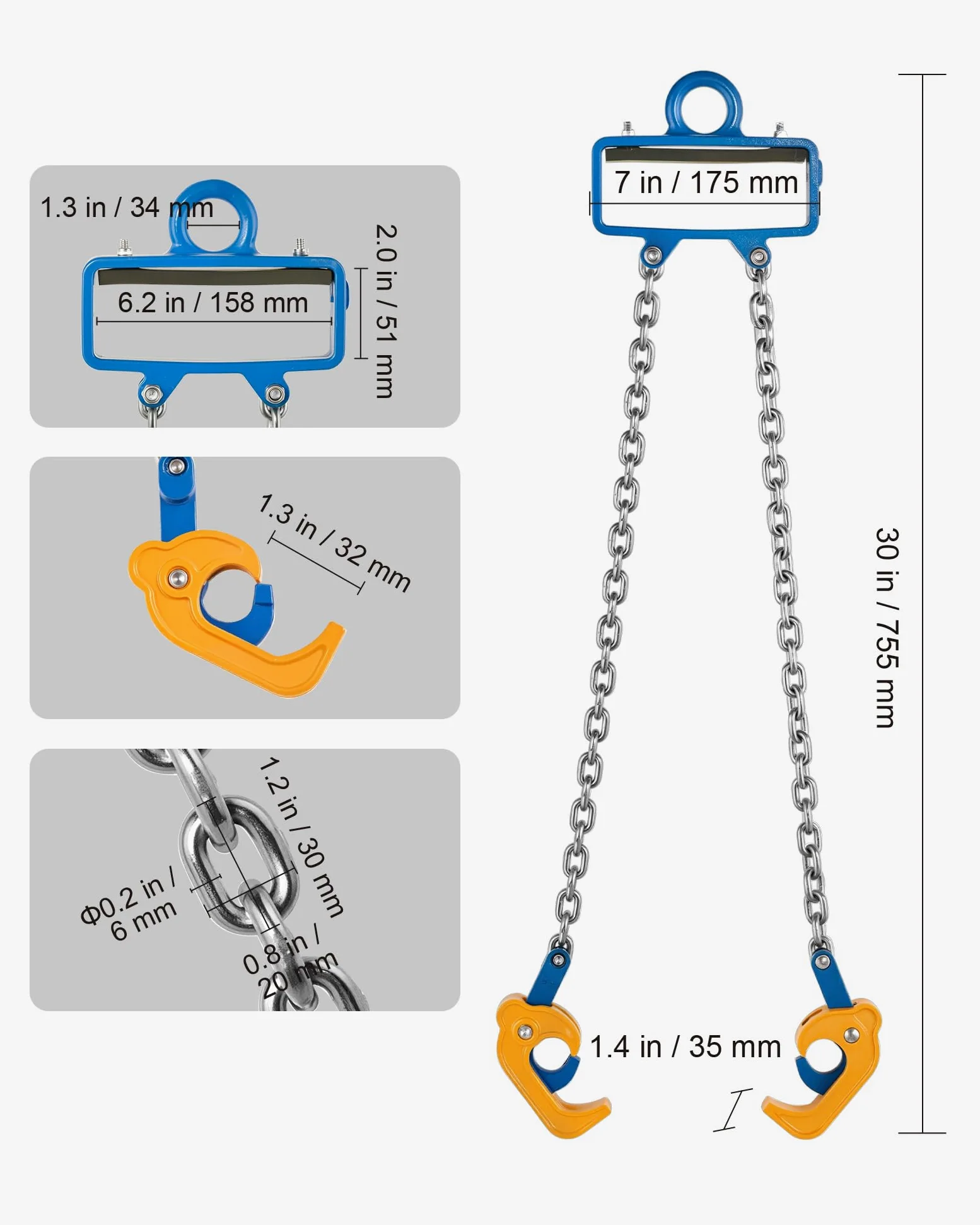 VEVOR Elevador de Bidones de Cadena G80, Capacidad 1 T, Acero al Carbono, 755x175x35 mm