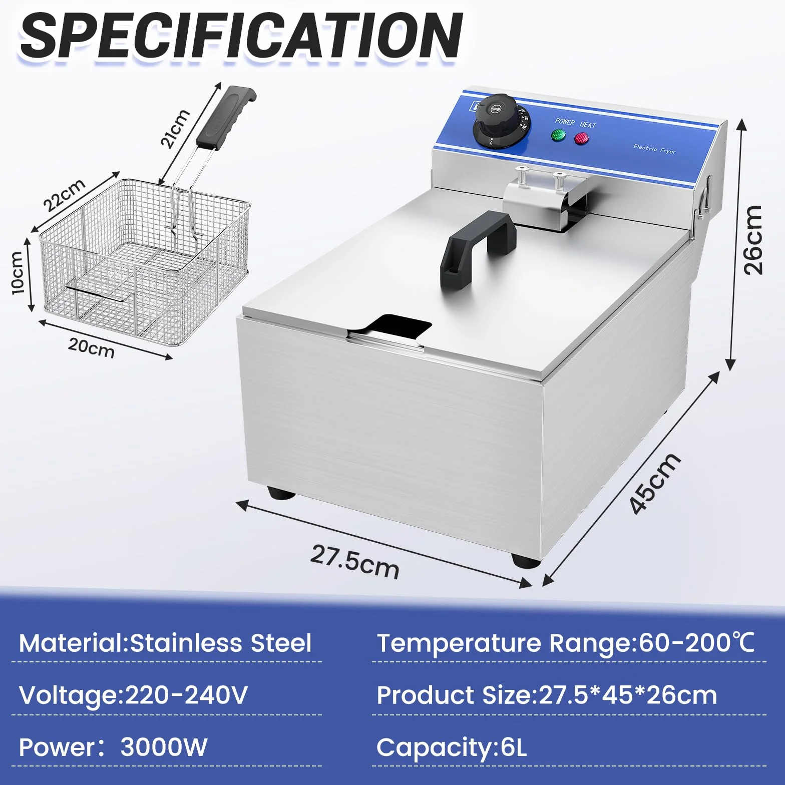 Freidora Eléctrica 10L Comercial Acero Inoxidable Capacidad de aceite máxima es 6L, freidora de aceite, 3000W 220V-240V termostato 60-200 ° C