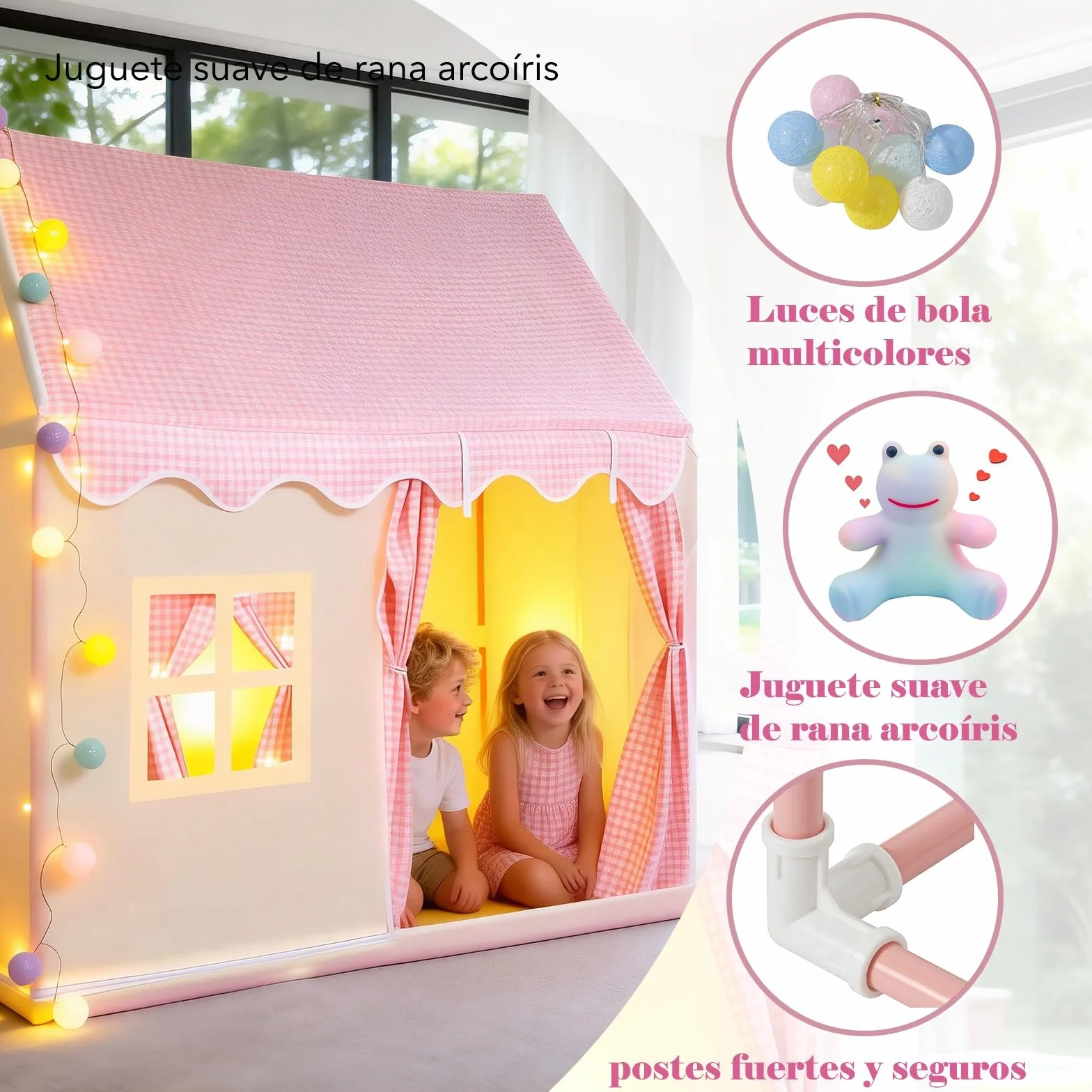 Tienda de Campaña Desplegable Infantil Princesa Rosa con Bolas, Luces y Peluche