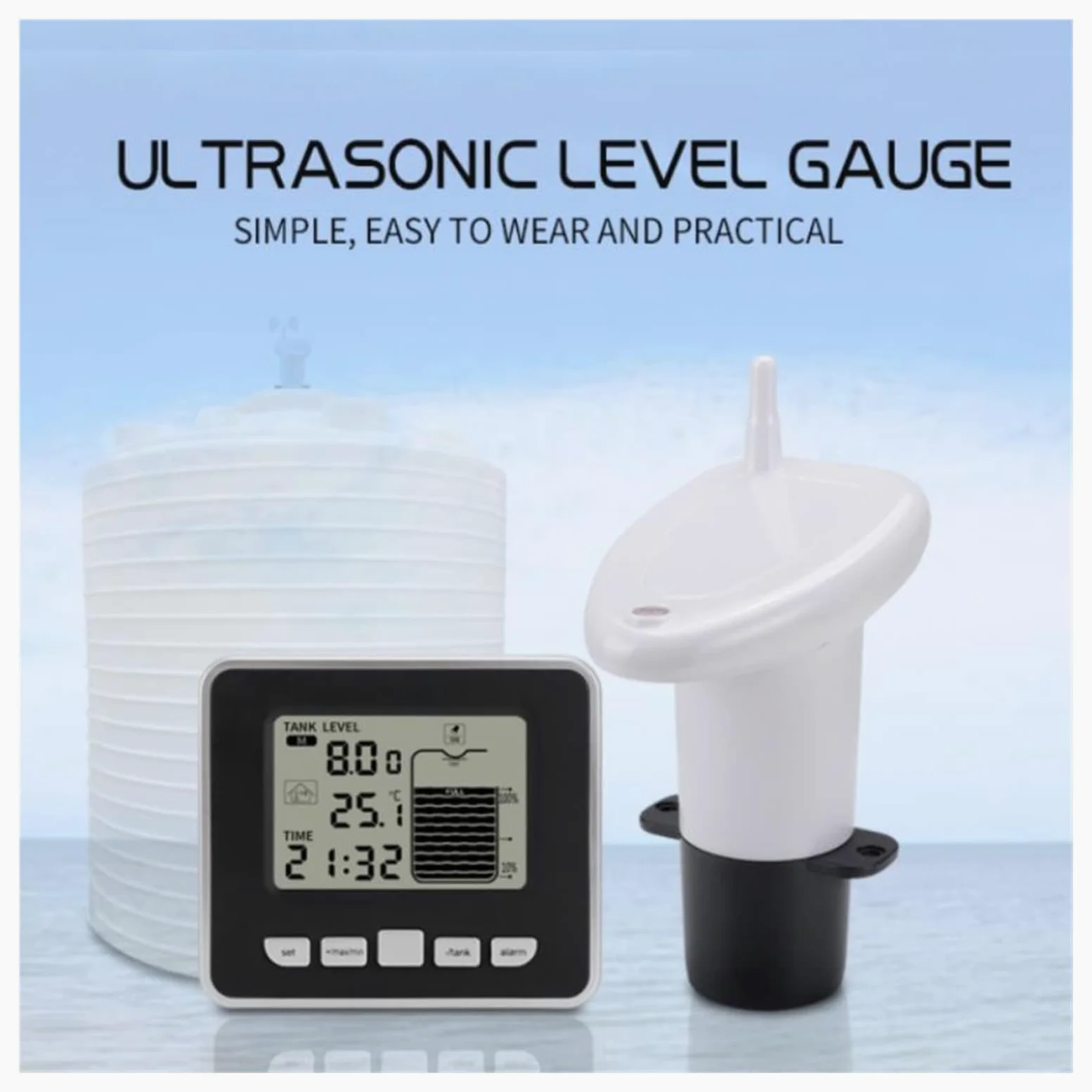 Transmisor de Sensor inalámbrico Medidor de Nivel de Agua Interior Tanque de Agua multifunción ultrasónico Medidor de Nivel de Profundidad de líquido