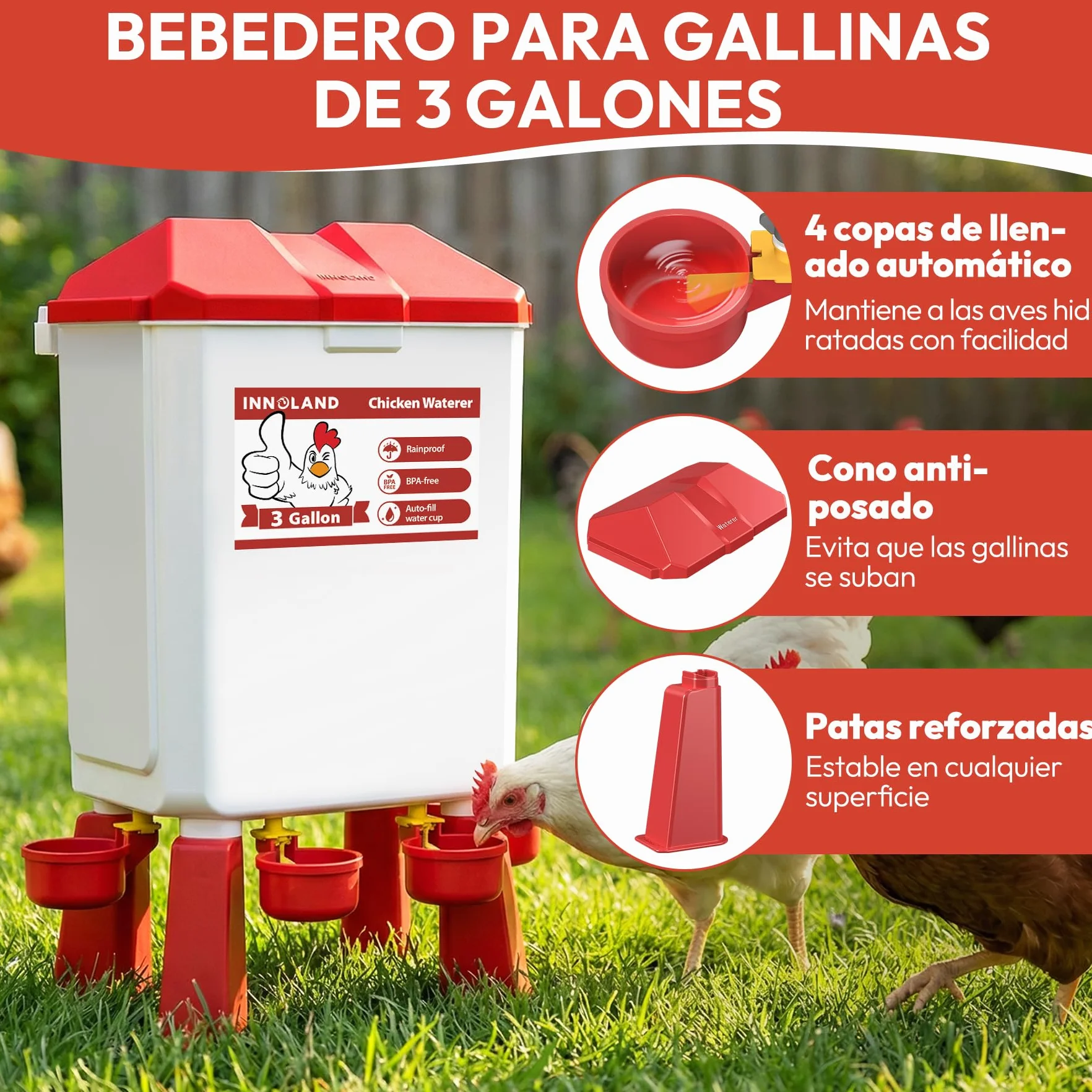 Comedero y Bebedero Automático para Gallinas 12KG 11L Anti Ratas 4 Comederos 3 Puertos Alimentación Alta Capacidad