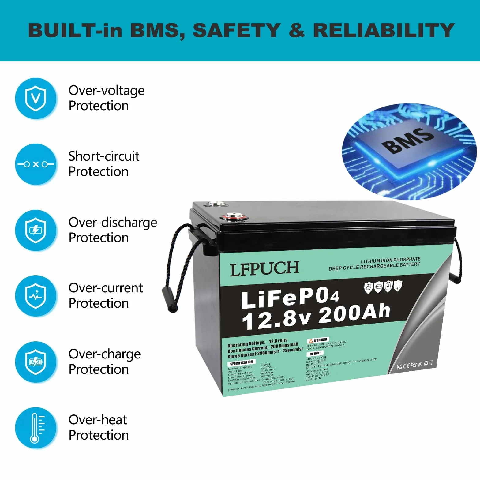 Batería LiFePO4 12V 200Ah de fosfato de hierro y litio para reemplazo AGM ciclo profundo fotovoltaica acampada